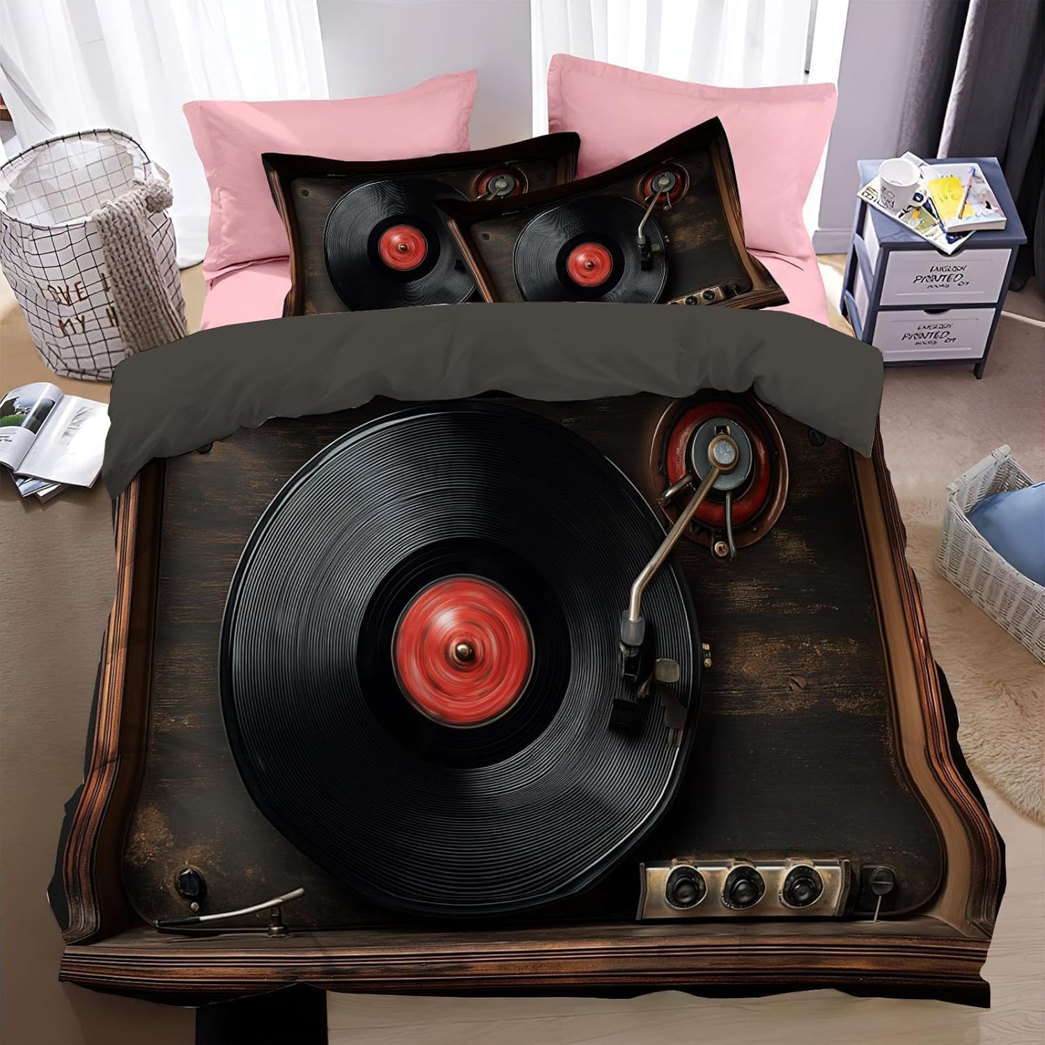 Poszwa na kołdrę 180 nagrywania Poszwa na kołdrę 260x240 Retro Muzyka Poszwa na kołdrę Druk 3D Pościel Miękka oddychająca mikrofibra 3 sztuki z 2 poszewkami na poduszki B/1308
