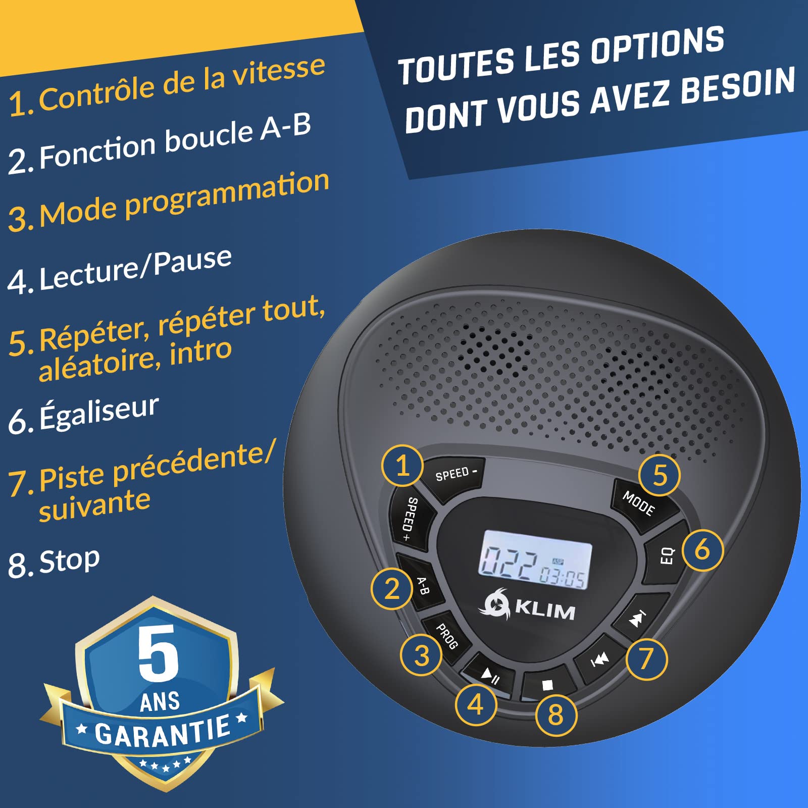 KLIM Speaker - NOUVEAUTÉ Lecteur CD Portable avec Haut-parleurs & Écouteurs - Rechargeable - Baladeur Lecteur CD Enfant/Adulte - Carte SD/TF - AUX - Idéal pour Voiture - Noir