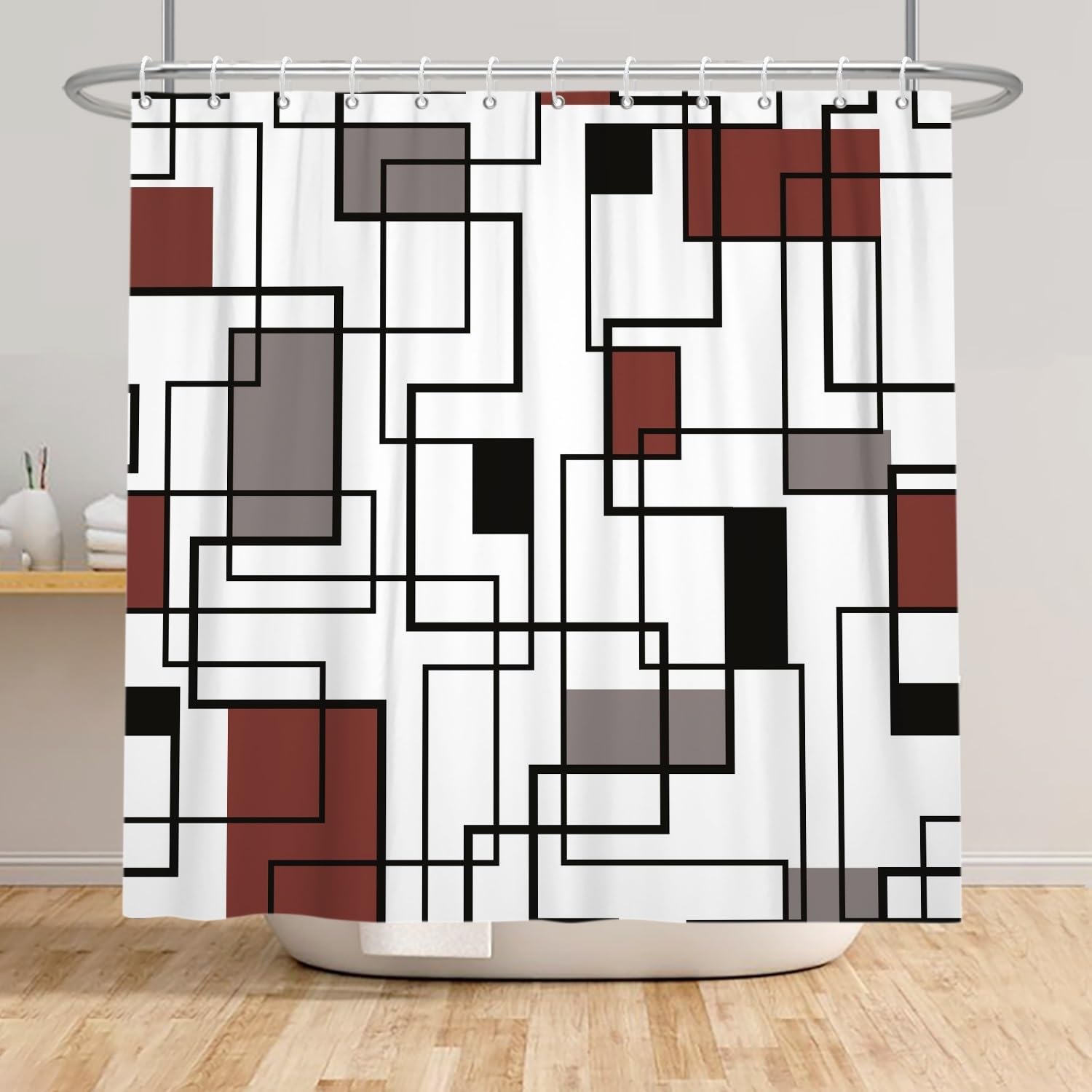 Xiaoterna Geometric Shower Curtain Abstract Red and Black Bathroom Curtain Modern Simplicity Geometric Square Waterproof Machine Washable Shower Curtain for Bathroom Decoration 180x240cm - Image 4