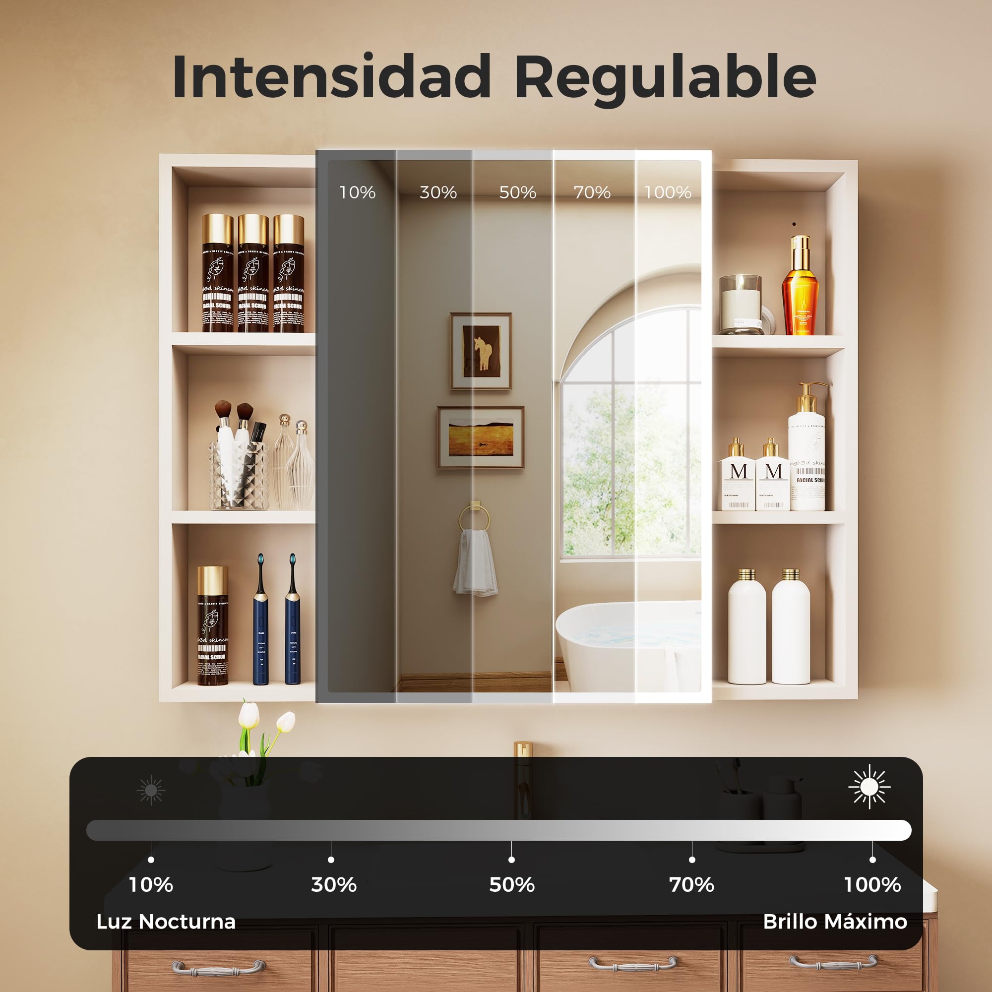 S'bagno Armario con espejo para baño con iluminación, 90 x 70 cm, armario con espejo para cuarto de baño, armario empotrado de aluminio, 3 colores, regulable, función de memoria, vidrio templado HD