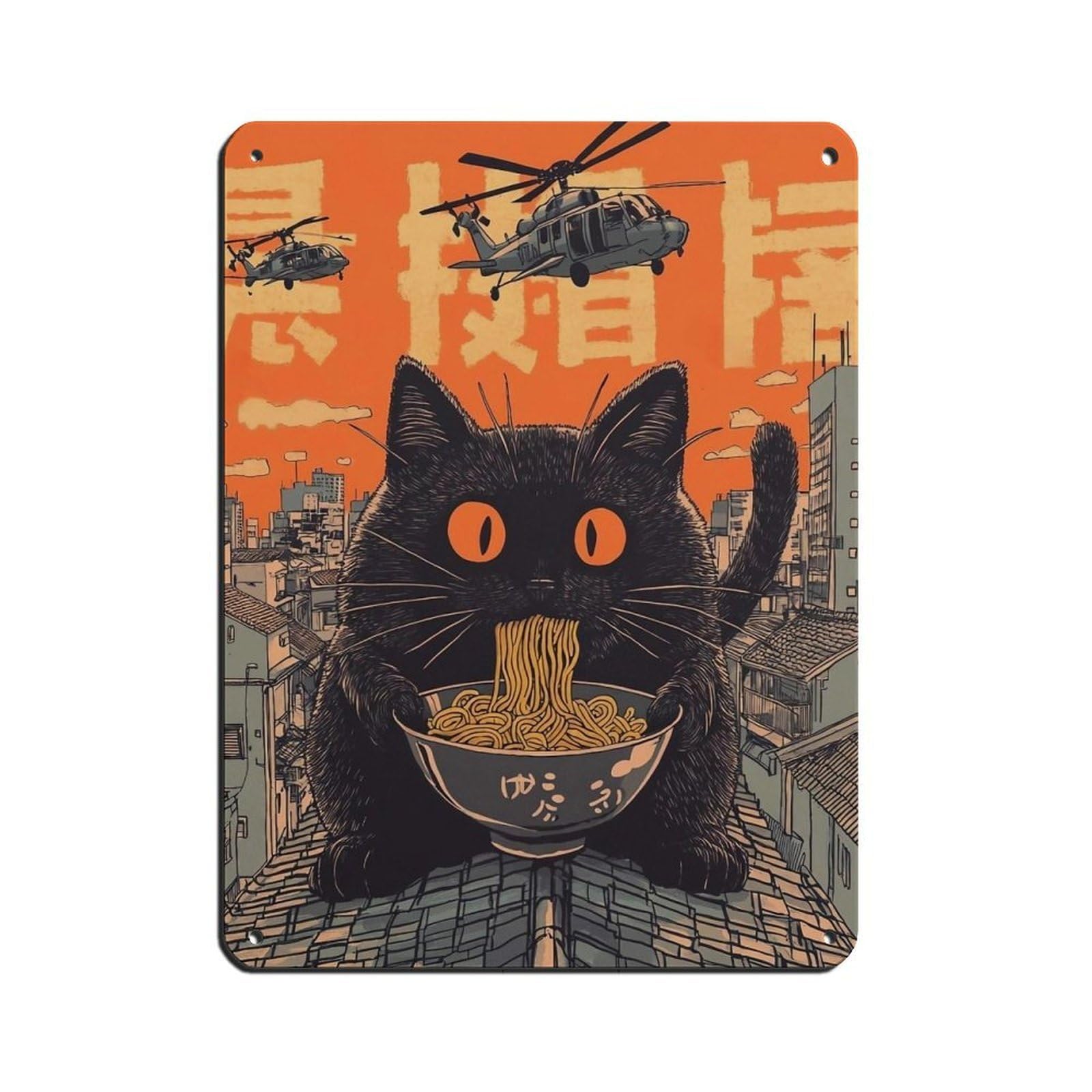 Quirky Black Cat Eating Noodles Art Poster Retro Poster Metal Tin Sign Chic Art Retro Iron Painting Bar People Cave Cafe Family Garage Poster Wall Decoration 12x16inch(30x40cm)