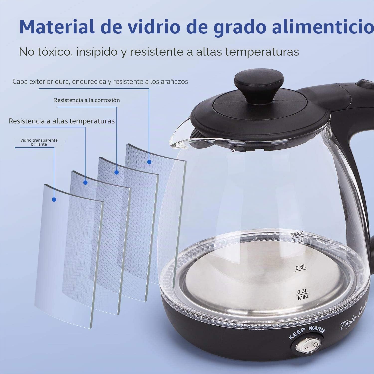 Taylor Swoden Abel - Hervidor de cristal de 1 litro, 2200W, Hervidor de agua eléctrico con iluminación LED libre de BPA, función mantener caliente, con infusor y filtro extraíble, 2 piezas
