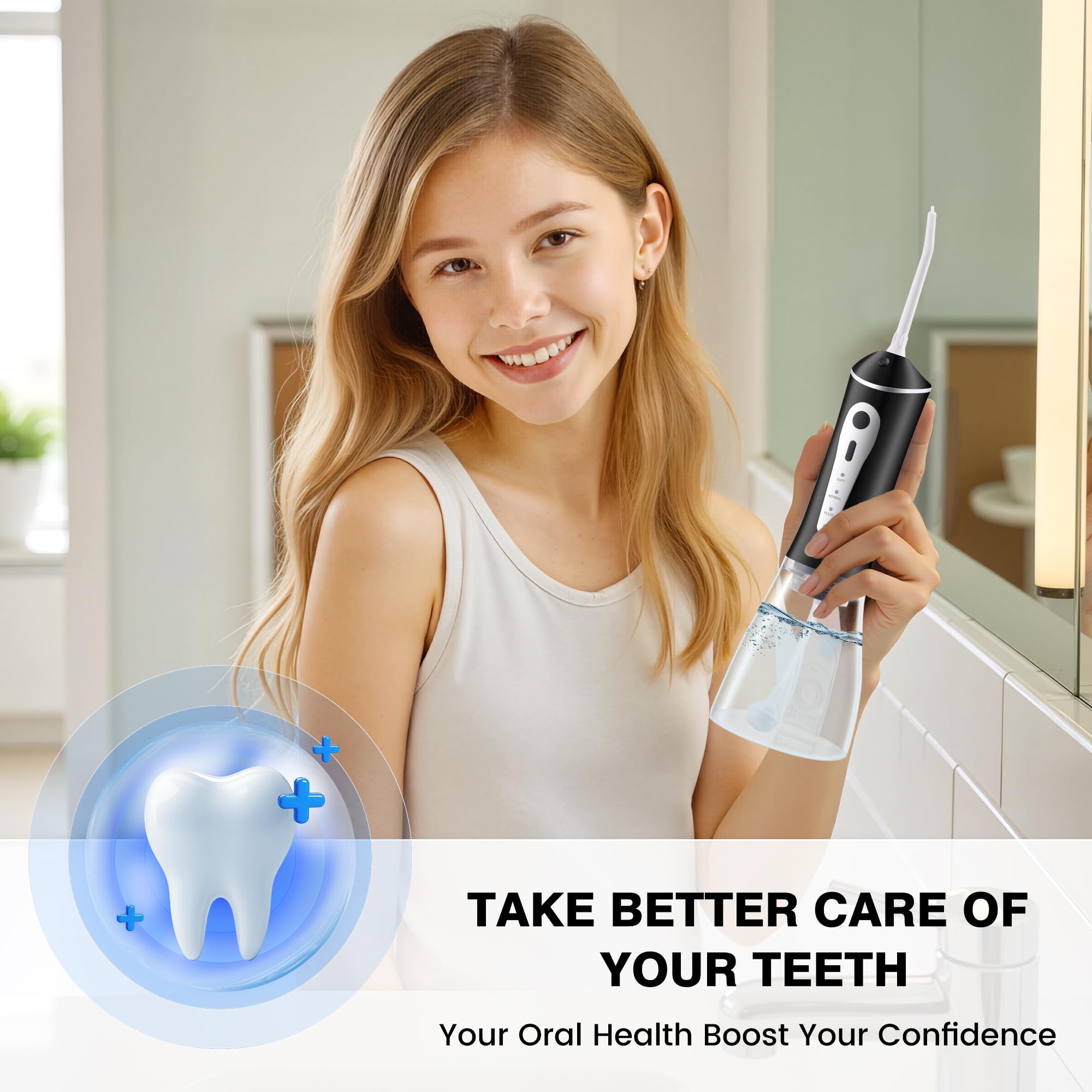 Irrigador bucal inalámbrico de 3 modos para una limpieza eficaz de los dientes, portátil e impermeable IPX7, elige tu color (negro, blanco, rosa)