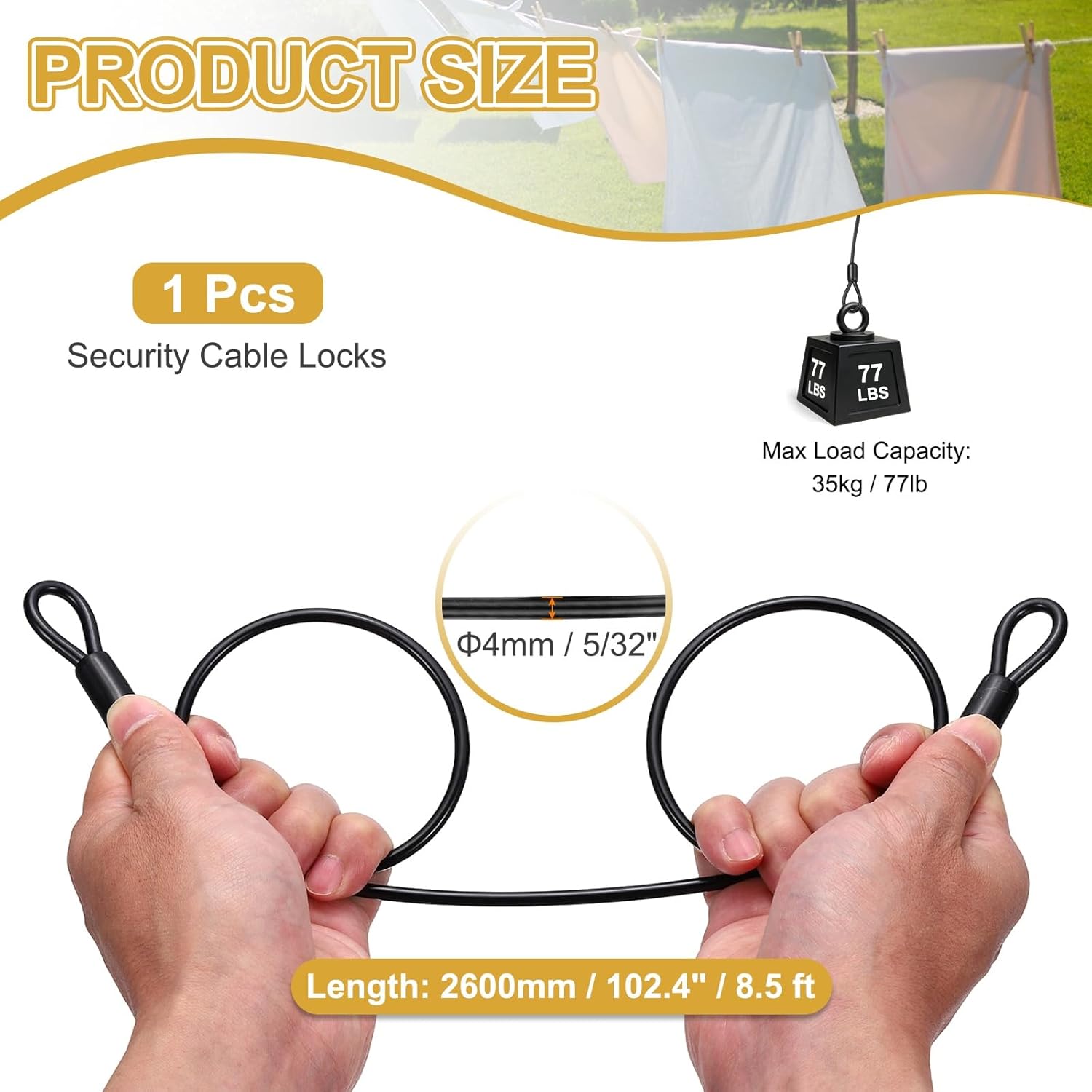 PATIKIL Security Cable Lock (5/32" Dia 8.5ft 77lb Load Capacity, Black) Vinyl Coated Stainless Steel Double Loops Flexible Wire Rope Safety Cable Luggage Lock Suit for - Outdoor