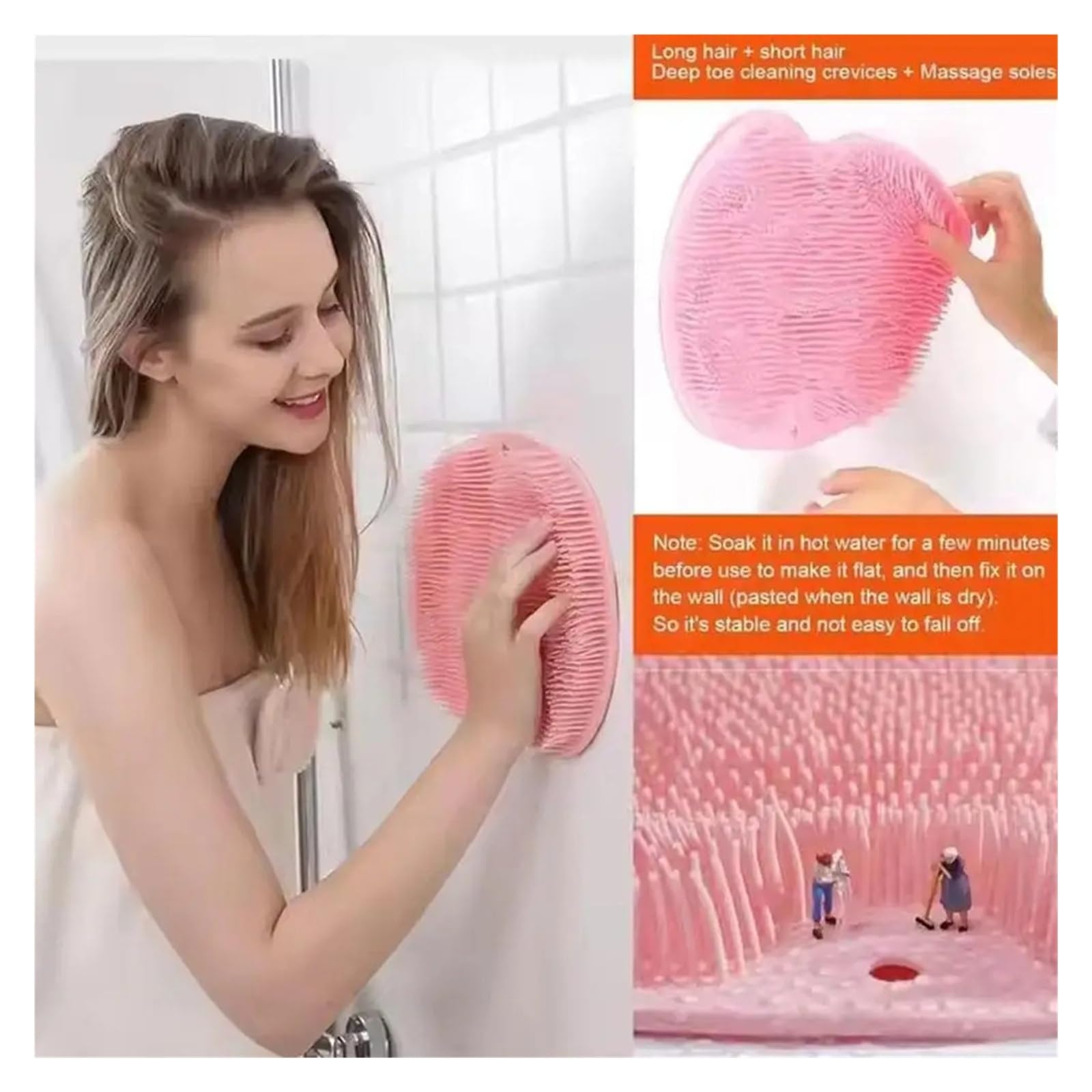 Silicone Shower Foot Scrubber Back Brush Non-Slip Bath Mat Exfoliating (Pink)