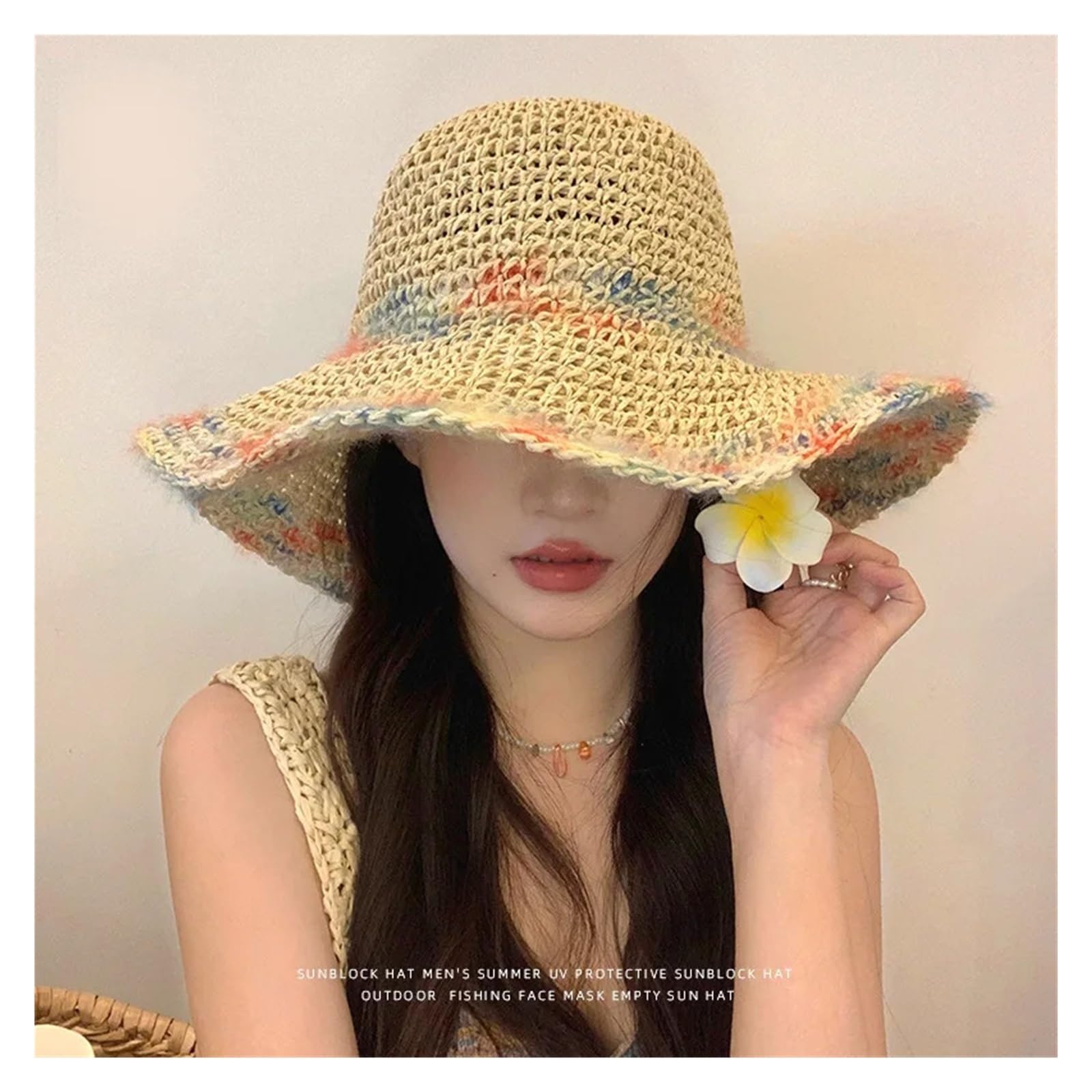 Cappelli di Paglia Intrecciati Pieghevoli Estivi da 1pc for Le Vacanze al Mare Viaggio, Cappello Sole A Tesa Larga Scavato Traspirante Indossare per Viaggio