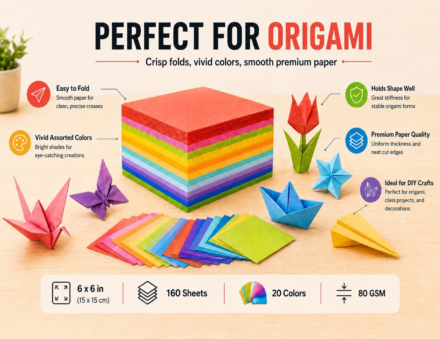 Origami Paper 160 Sheets 6 x 6 Inch Square Double Sided Folding Paper