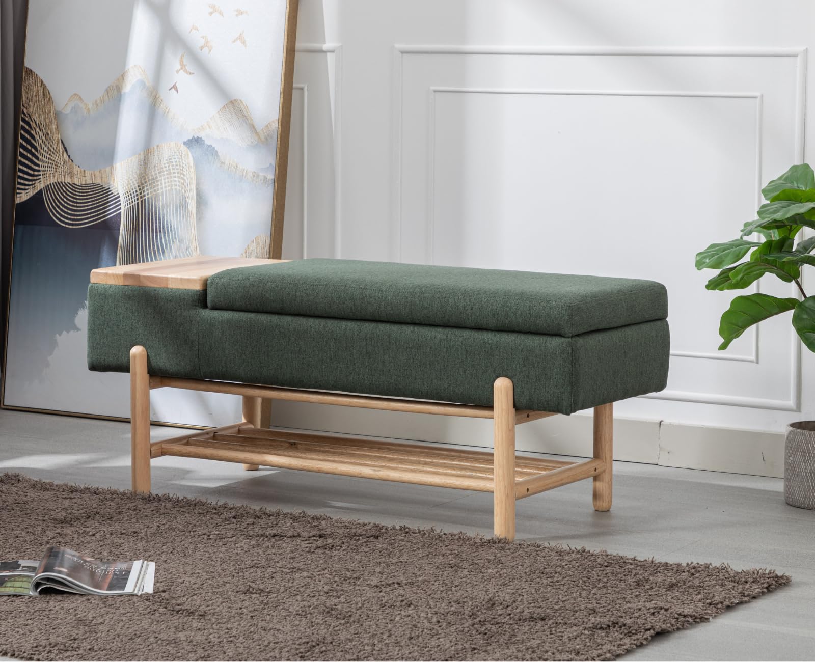 Shunzhi Modern Entryway Storage Bench, Upholstered Shoe Ottoman Bench, Flip-Top End of Bed Bench with Wood Shelf/Coffee Table for Living Room/Bedroom/