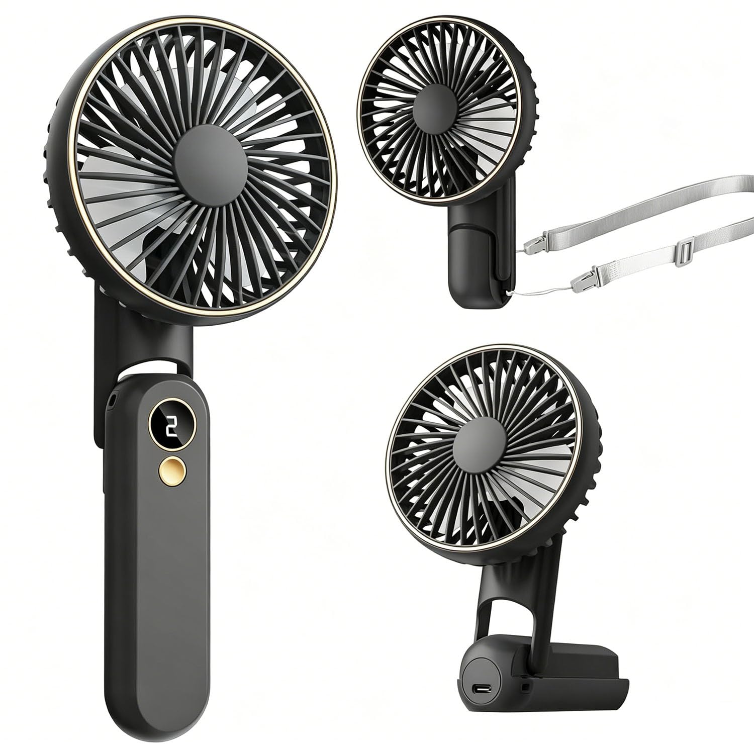 FGHB Handventilator Tragbarer, Mini USB Ventilator Akku-Aufladbar 6000mAh mit 100 Stufen, 180° Faltbarer Tischventilator Mit LED-Display für Hand, Hals und Tisch, für Reisen, Büro und Zuhaus