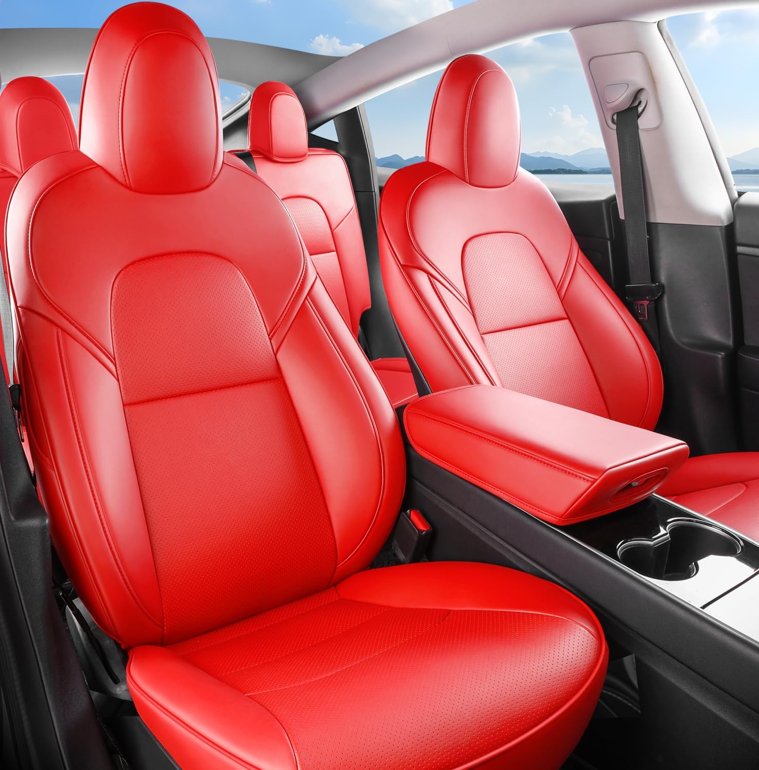 Tesla Model Y Car Seat Covers Nappa Leather Car Interior Seat Airbag Compatible Cushion Cover Full Set Custom Fit 2024 2023 2022 2021 2020, Nappa Bright Red