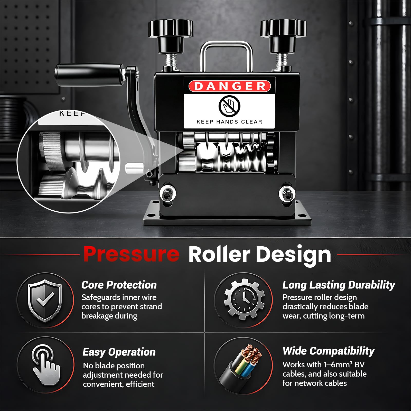 Machine a Denuder, Machine à Dénuder le Cuivre Manuelle avec Rouleau de Pression & Déflecteur Semi-Enveloppé, 0,4 à 17mm Denudeur Cable, Protection Âme du Fil, Pince a Denuder