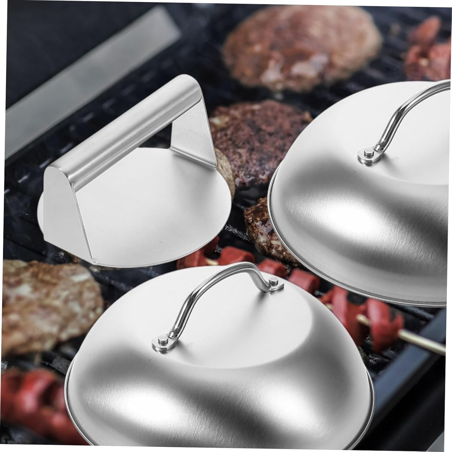 Stainless Steel Burger Press with Round Basting Cover for Smashed Burgers Bacon Versatile Griddle Accessories for Indoor Outdoor BBQ Cooking