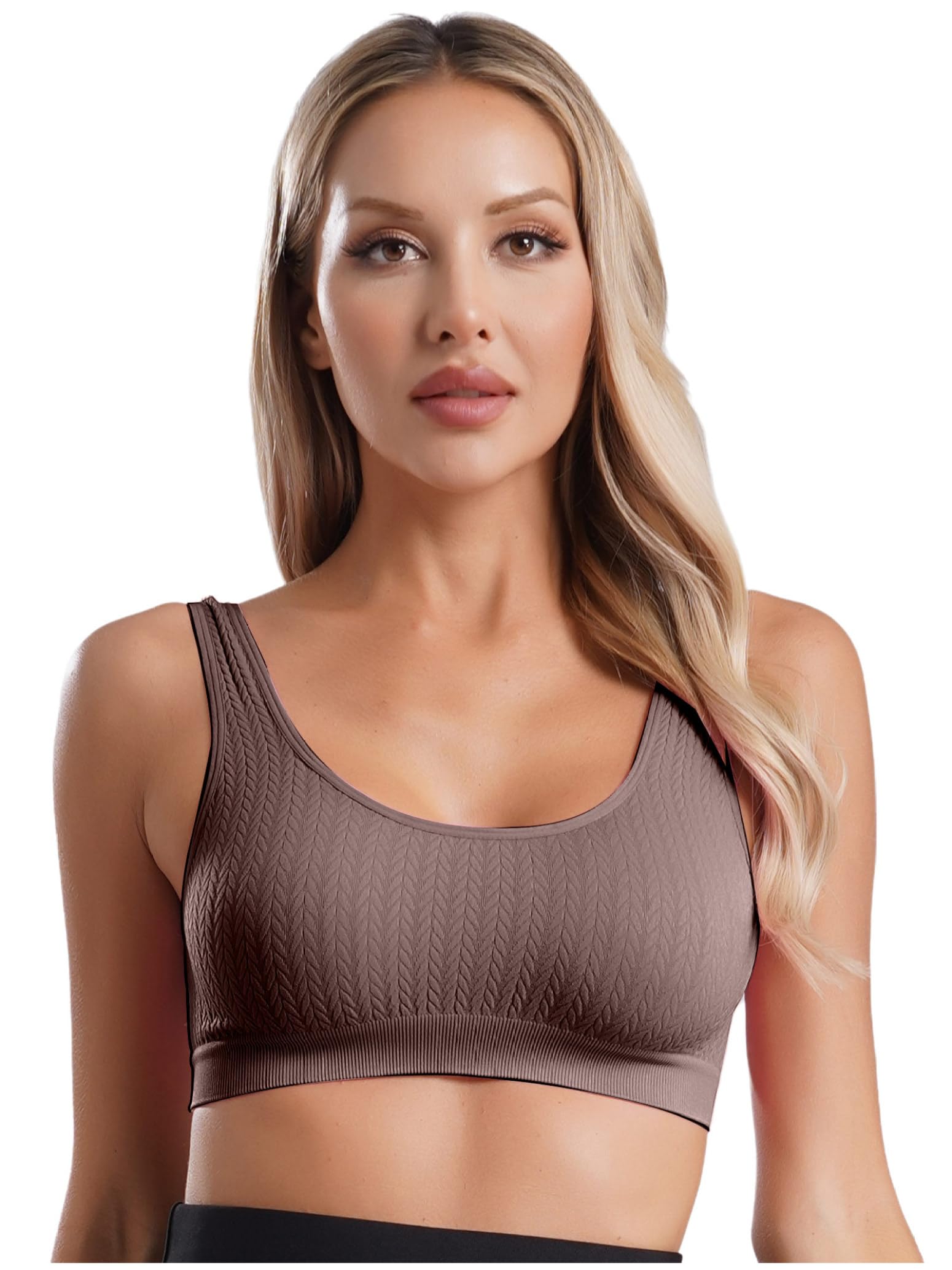 Womens Rib Knit Sports Bra U Neck Sleeveless Yoga Tank Tops Activewear Seamless Wireless Workout Bra