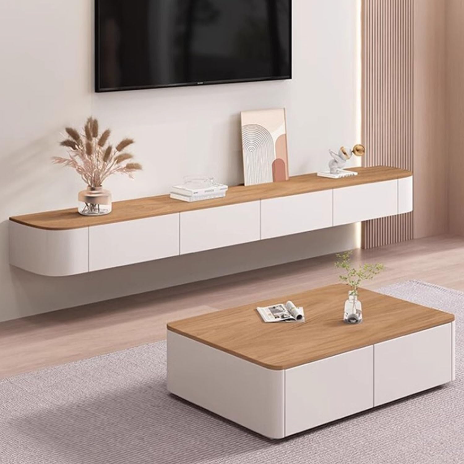 Soporte flotante para TV montado en la pared con puertas abatibles y cajones, mesa consola moderna para sala de estar, apto para televisores de 40 a 130 pulgadas