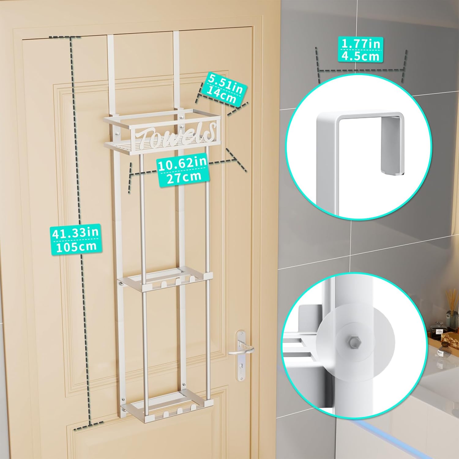 HapiRm Towel Rack Bathroom Storage - 3 Tier Over The Door & Wall Mounted Rolled Towel Racks Holder Organizer with Metal Shelf and 6 Hooks for Small Bathroom, Camper, Rv - Sliver