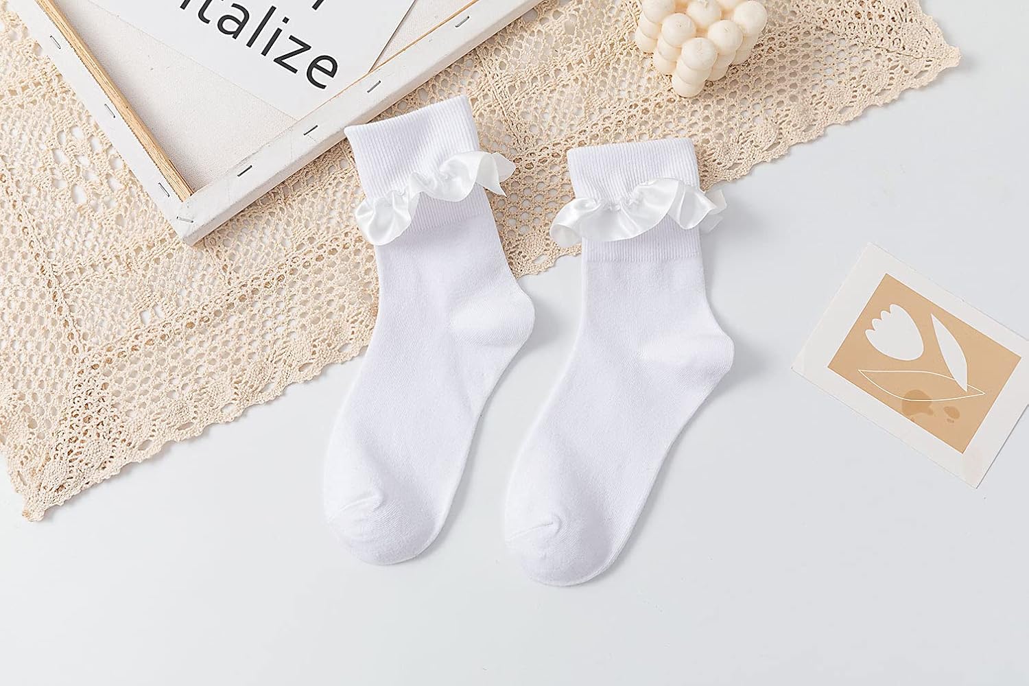 SEMOHOLLI Women Ankle Socks, Pearl Lace Ruffle Frilly Comfortable No-Show Cotton Princess Socks