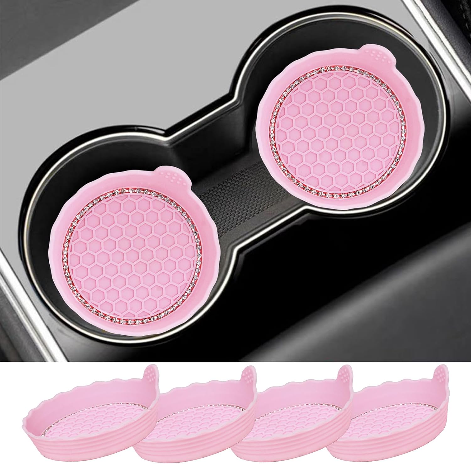 4 Pack Bling Car Coasters, 2.75 Inch Bling Crystal Rhinestone Soft Rubber Universal Anti-Slip Glitter Cup Mats Auto Cup Holder Insert Drink Coaster Car Interior Decoration for Women Girls (Black)