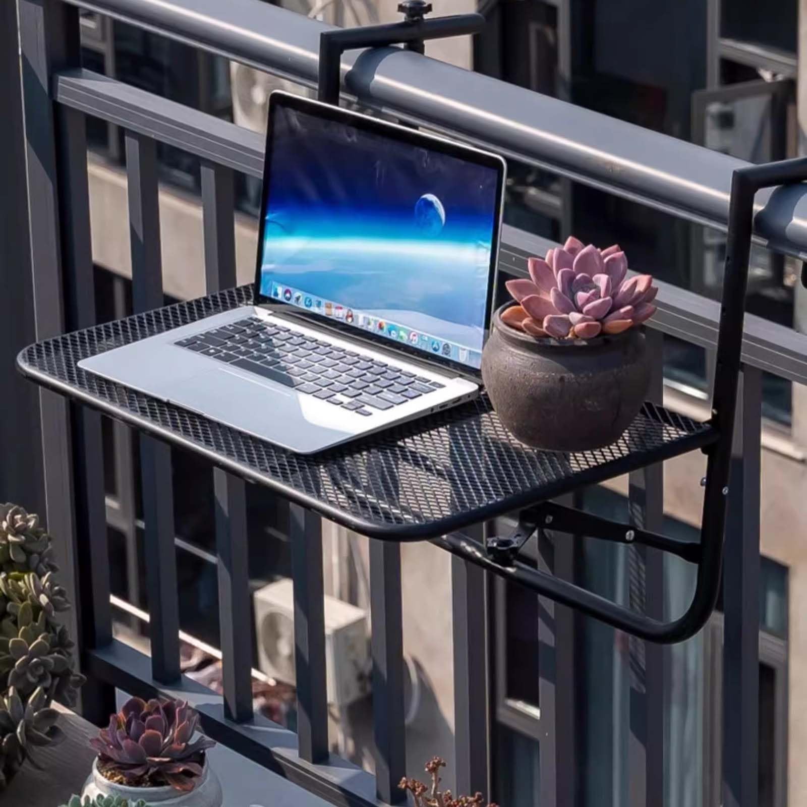 Table de Balcon Suspendue Pliable Table de Bar Pliante à Suspendre, Réglable en Hauteur sur 4 Niveaux, pour Balustrades de d'Extérieur, pour Garde-Corps de Patio et Terrasse 60x40cm Noir