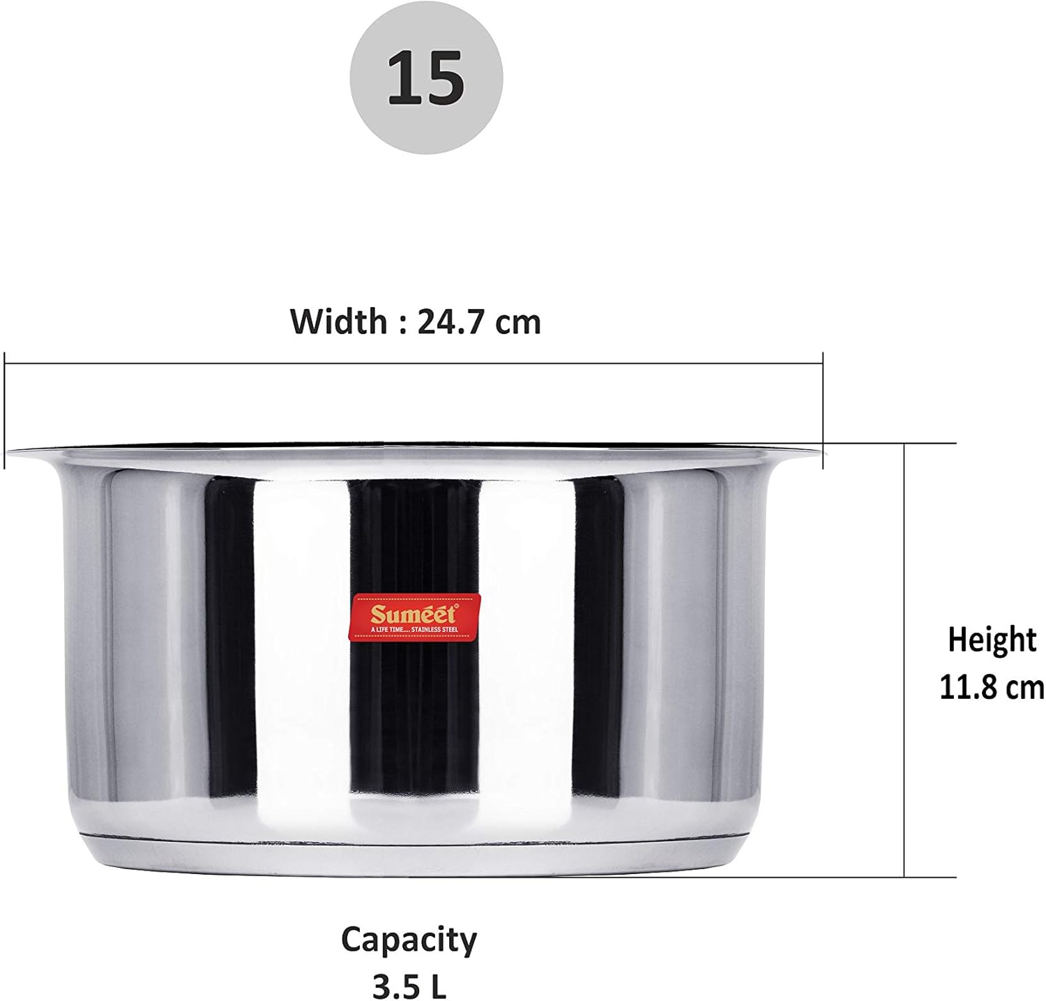 Sumeet Big Size Stainless Steel Induction Bottom (Encapsulated Bottom) Gas Stove Friendly Container/Tope/Cookware with Lid Size No.15, 3.5 liter, Silver