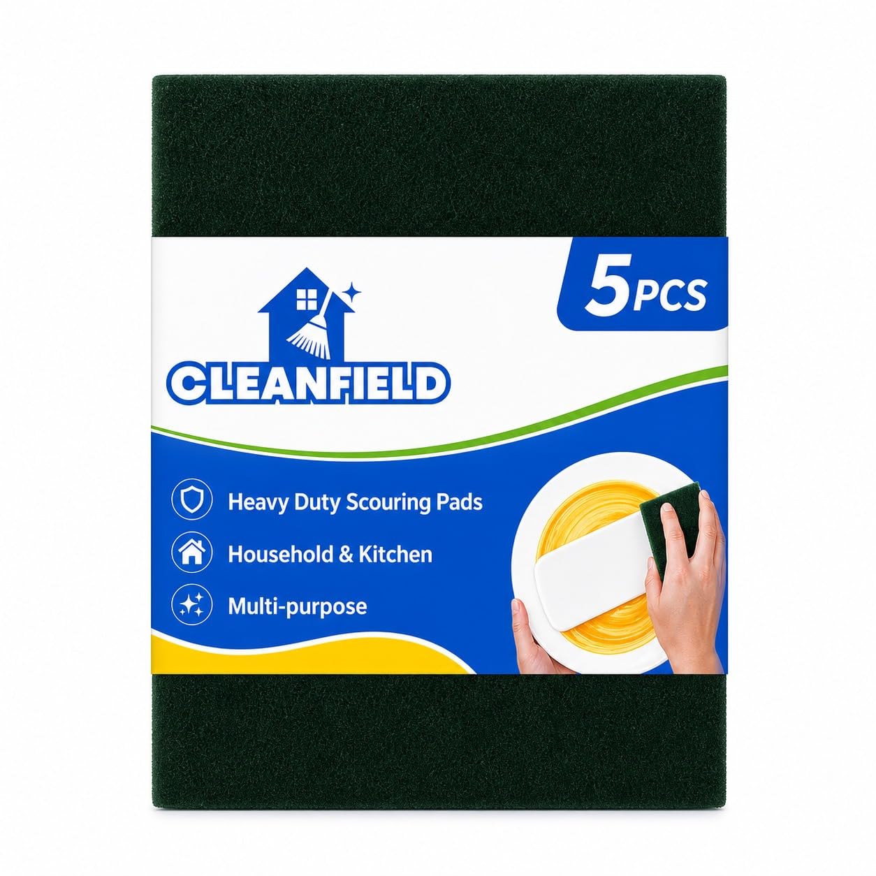 CLEANFIELD Heavy Duty Scouring Pads for Kitchen Cleaning | Green Multi-Purpose Scrub Pads | Reusable Dishwashing & Surface Cleaning Pads | 15 CM x 10 CM Scrubbers for Utensils Sink Tiles (Pack of 5)-image-7