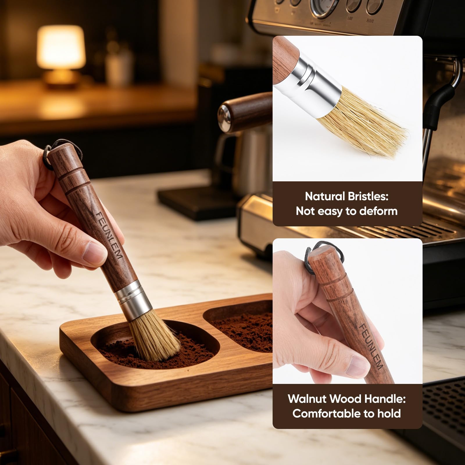 Kit de limpieza para molinillo de café, juego de cepillos para máquina de café expreso, 6 piezas con cepillo de cabeza de grupo, cepillo de largo alcance, cepillo de madera de nogal, soplador