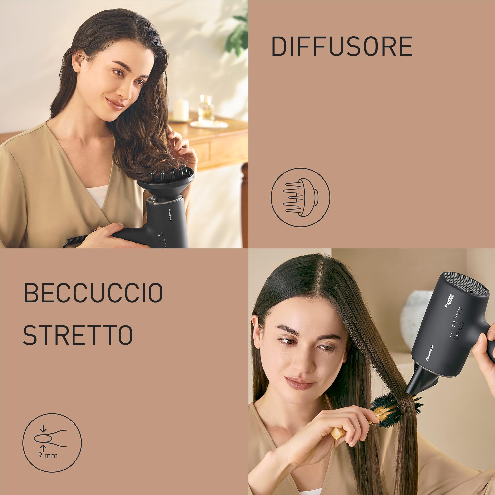 Panasonic EH-NA0J Asciugacapelli nanoe MOISTURE+ e Minerale, if Design Award 2023, Diffusore e Bocchetta Concentratrice, Modalità Alternata Calda e Fredda, Cura della Pelle, Potenza 1600W, Nero