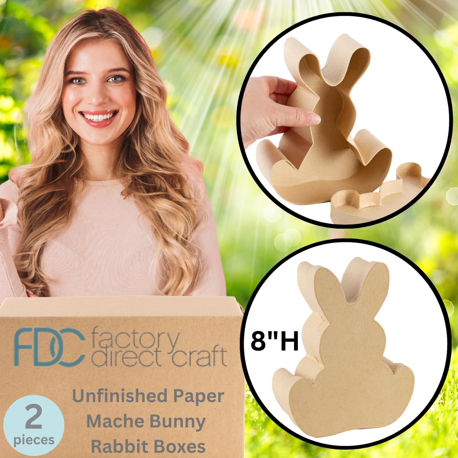 Pack of 2 Unfinished Paper Mache Bunny Rabbit Boxes for Easter or Baby Shower Party Decorations - DIY Ready to Decorate Premade Craft Boxes (8