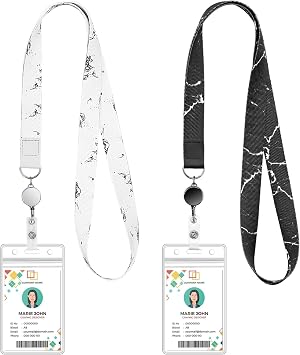 koorito 2 Pack Cute Lanyard ID Badge Holder Retractable Lanyards for ID Badges Waterproof ID Badge Holder for Cruise Ships Key Cards, Office, School, Travel Black & White Marble
