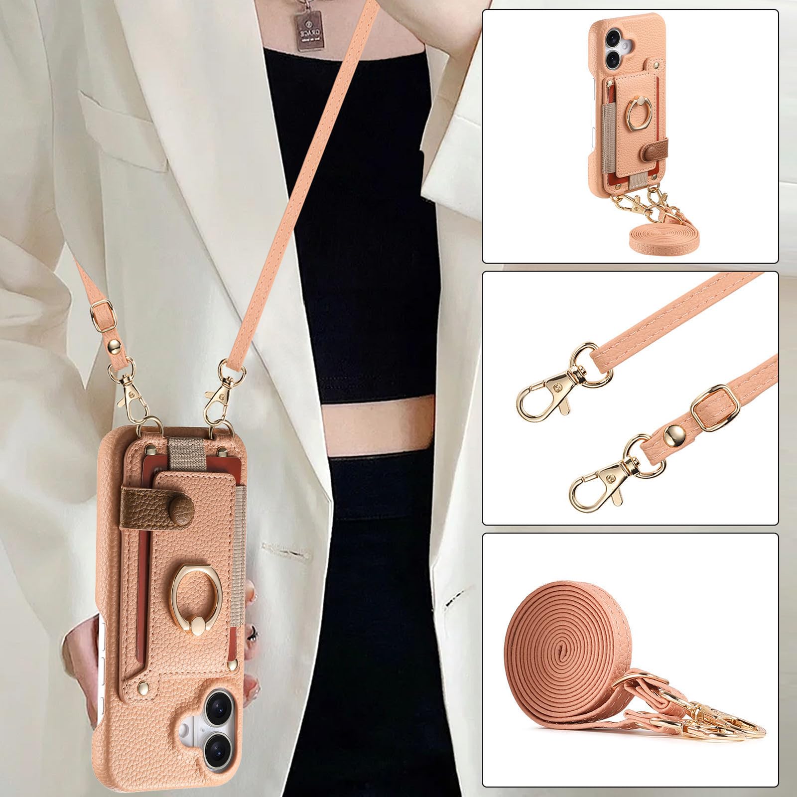 Leder Hülle Für iPhone 16 Pro Max/16 Pro/16 Plus/16, Brieftasche Handyhülle Mit Kartenfach Ring Halter Umhängeband Schutzhülle,Braun,16 Pro Max