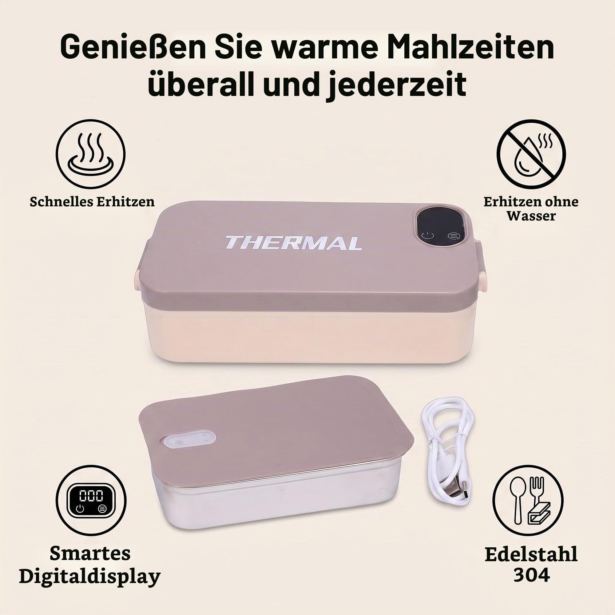 Zerodis Lunch-Wärmer-Box, Elektrischer Tragbarer Lebensmittelheizer mit Edelstahlbehälter, Intelligente Digitalanzeige, 7200 MAh, Wiederaufladbar, Schnelle Erwärmung für Reisen Im