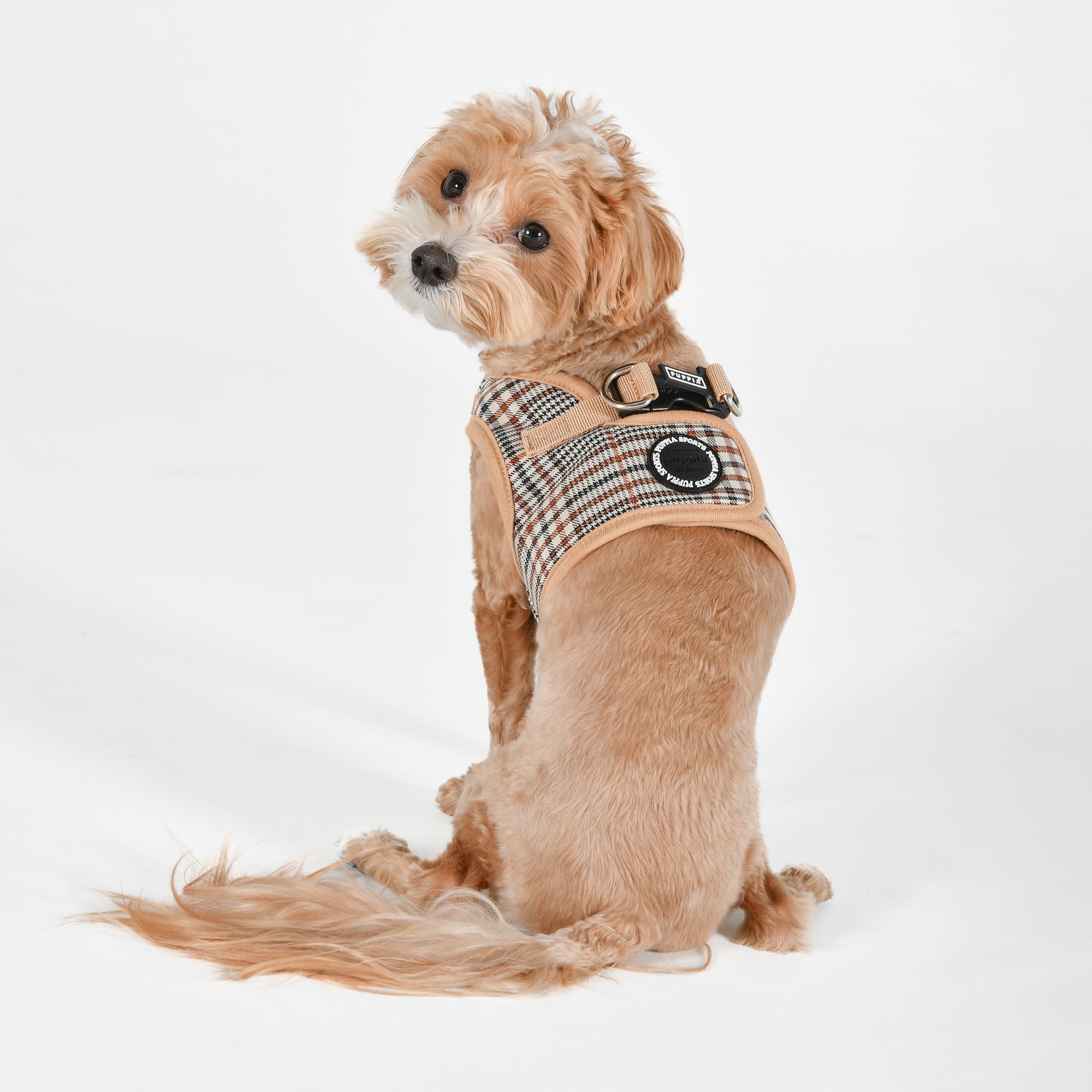 Puppia Lucas - Arnés de chaleco B (escalón), arnés de primavera y verano con patrón a cuadros para perros pequeños y medianos, beige, talla S