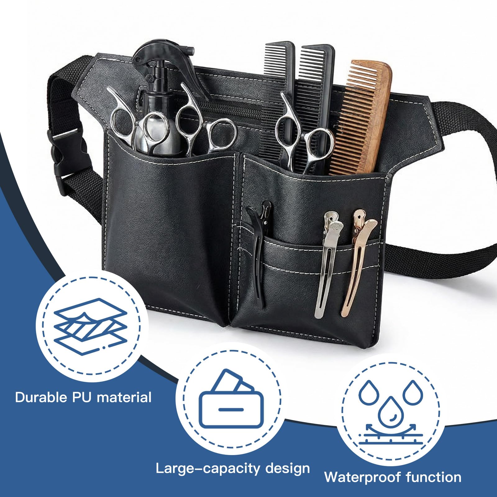 Bolsa de Peluquería de Piel PU, Cinturón Portaherramientas Profesional para Salón de Peluquería, Bolsa para Tijeras Portátil Grande Tamaño Negro para Peines y Herramientas de Peluquería
