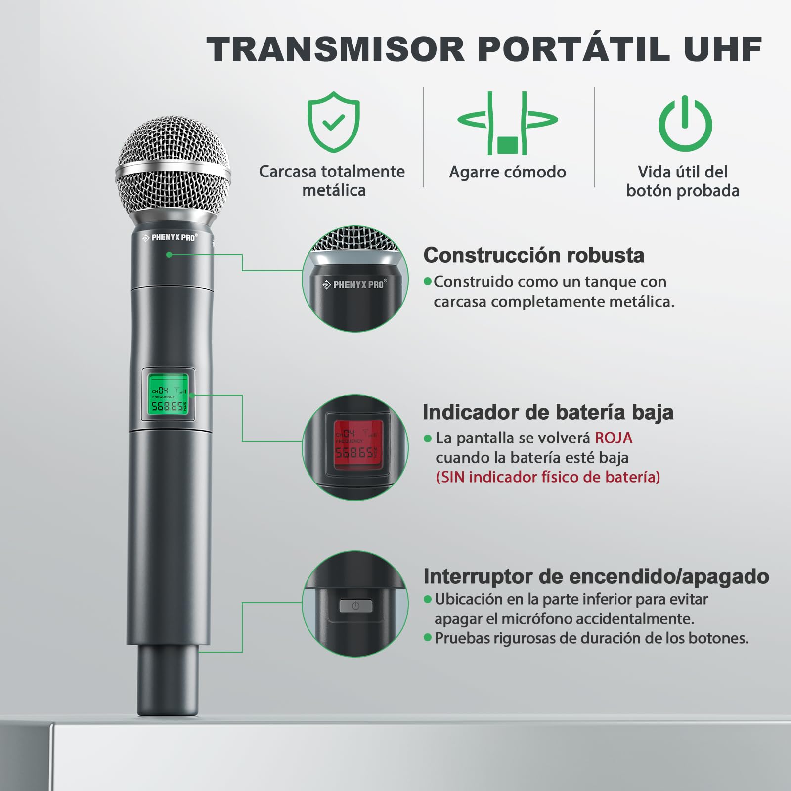 Phenyx Pro 4-Canales UHF Sistema de Micrófono Inalámbrico de Metal, de Frecuencia Fija con 4 Micrófonos Dinámicos de Mano, Alcance de 260ft, para Cantar, Iglesia(PTU-5000-4H)