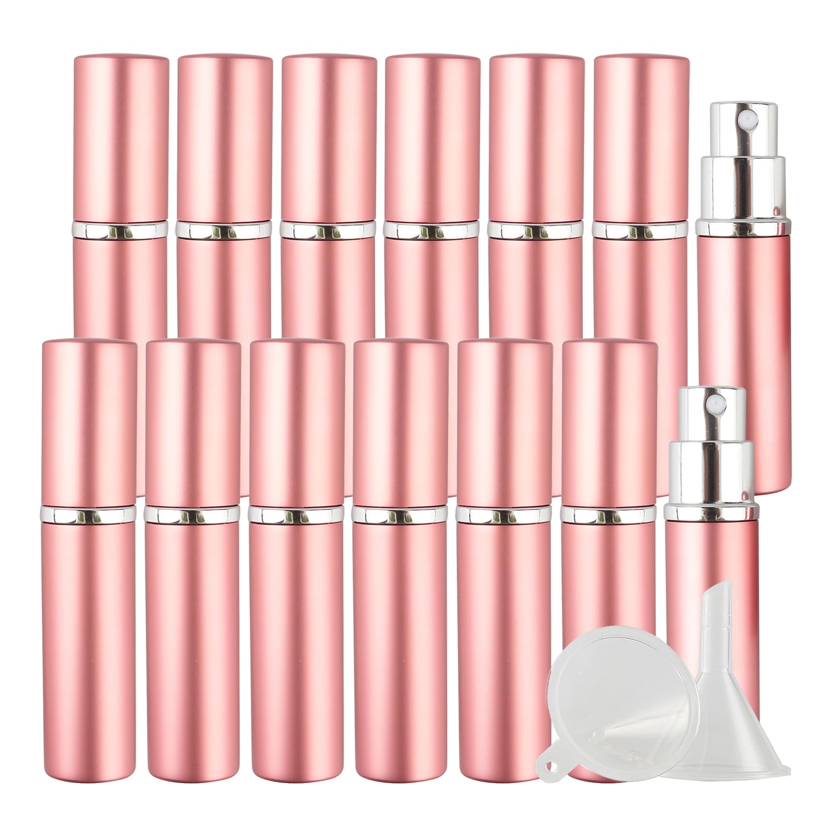 28 Pieza, Vacío 10ml Cilíndrico Rosa Dispensador Portatil de Perfume Bote de Spray Viaje Pulverizador, 10 ml Mini Atomizador de Perfume Recargable para hombre y mujer + 6 x Embudo