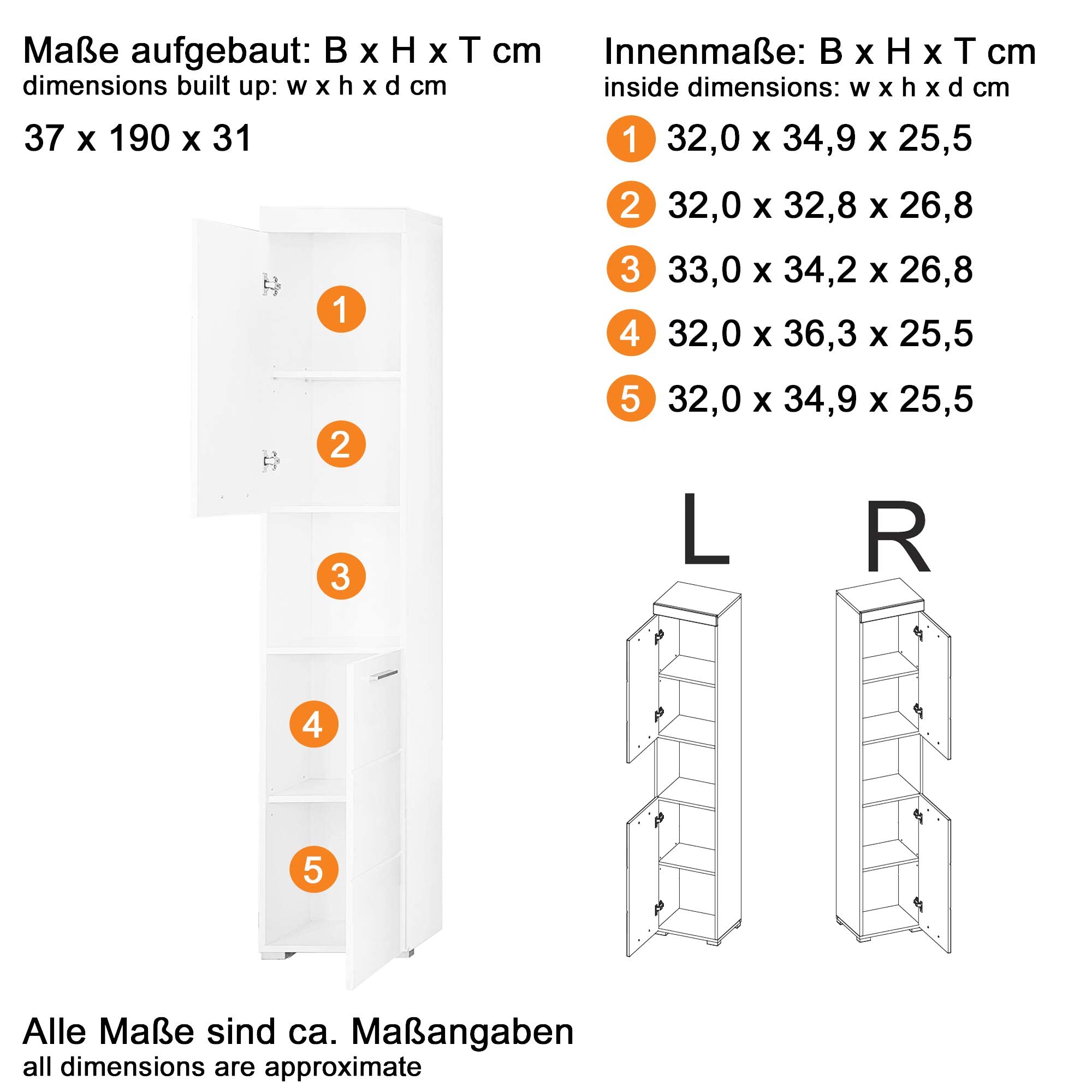 trendteam smart living - Amanda - Hochschrank - Weiß Hochglanz - Badezimmerschrank mit 2 verstellbaren Einlegeböden - (BxHxT) 37 x 190 x 31 cm - moderner Badschrank mit 4 Fächern und Einer Ablage