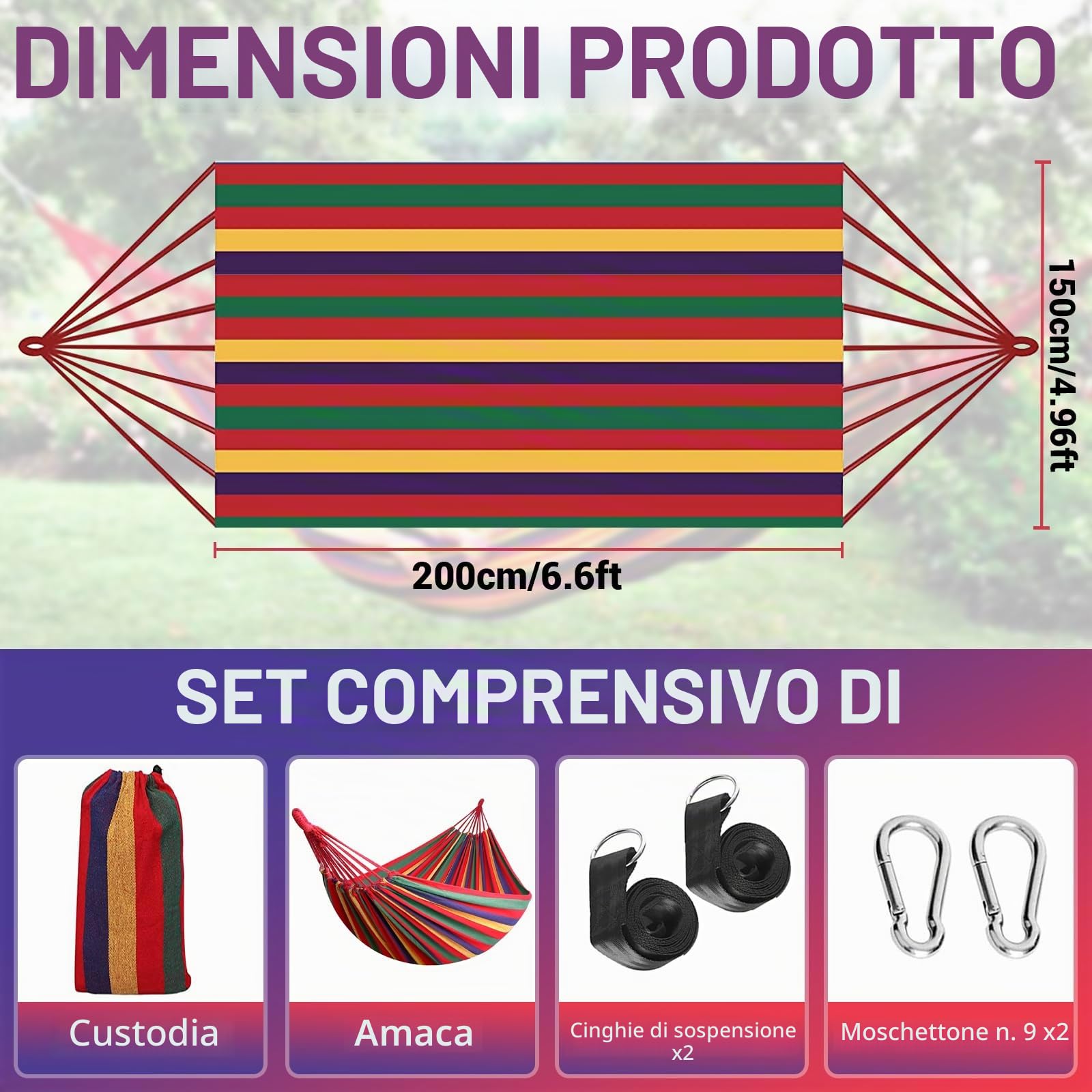 Amaca da Campeggio Esterna, Amaca Doppia 200x150cm, Portata Massima 250kg, con Sacchetto da Trasporto, Cinghie in Nylon e Moschettoni, per Campeggio, Giardino, Interni, Balcone, Viaggio