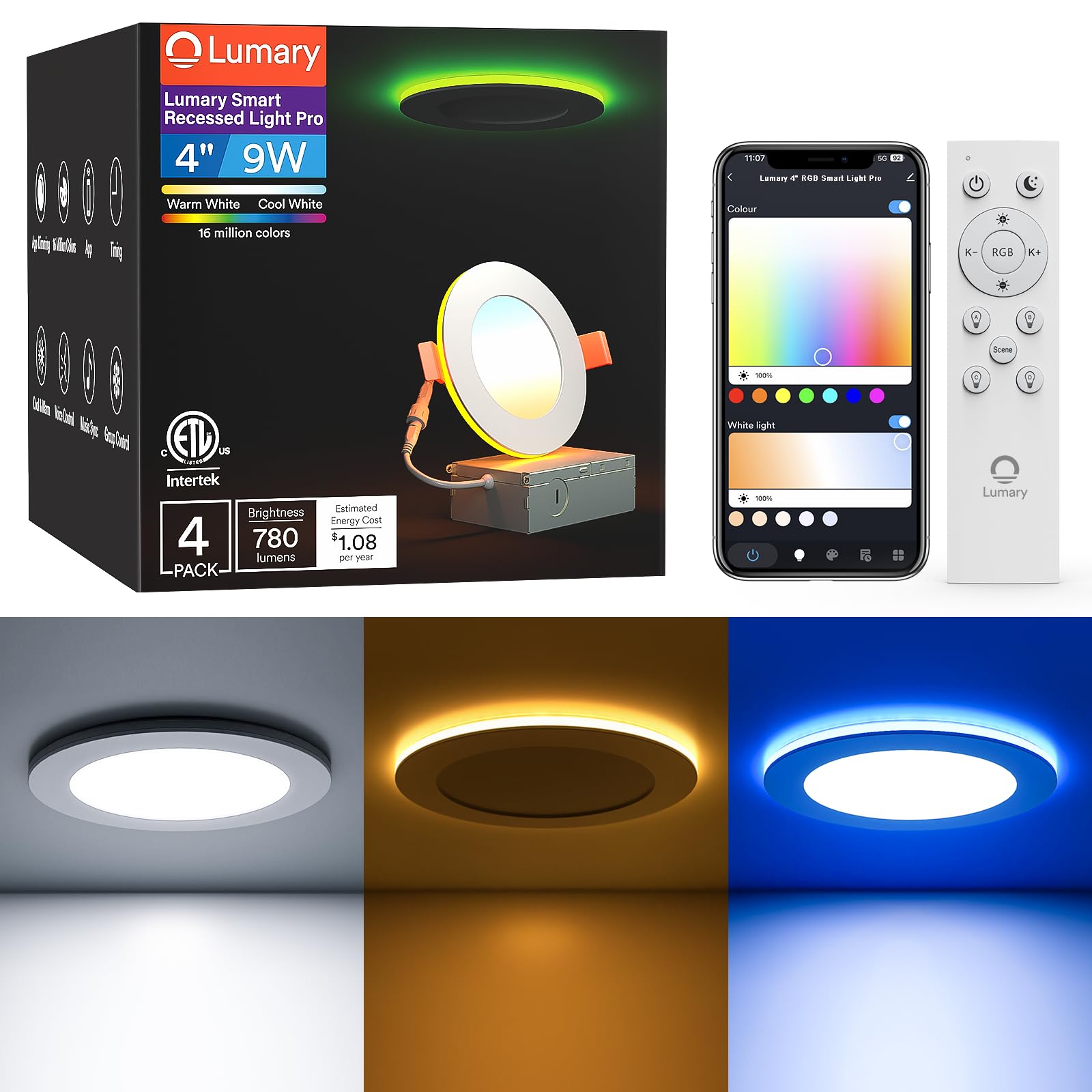 Lumary Smart Recessed Lighting Pro 4 Inch with RGB/Night Ring, 9W 780LM Smart WiFi Wafer Downlight, Canless with Junction Box, Compatible with Alexa/