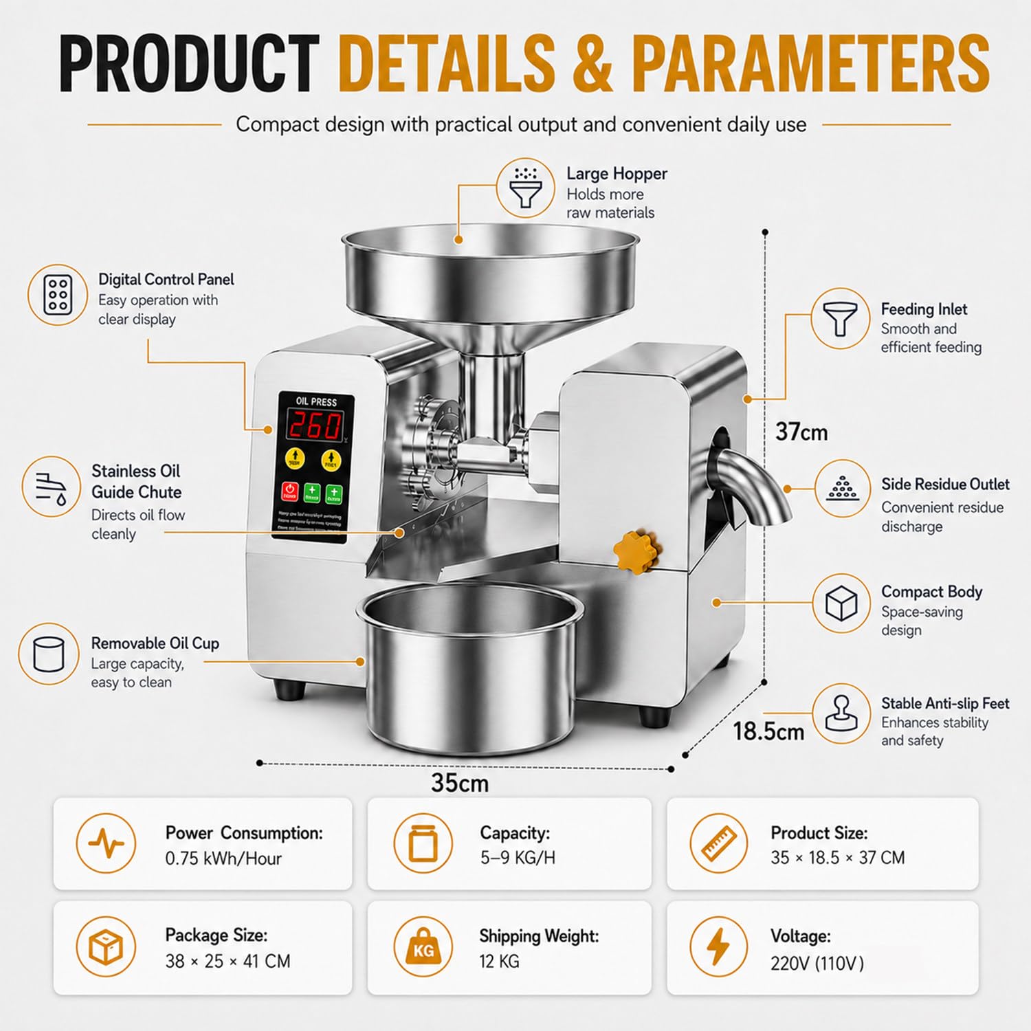 Macchina per Olio, Oil Press, Pressa per Olio, Spremi Olive, Frantoio Olive | 5-9Kg/H, Doppie Modalità Di Estrazione Dell'Olio, Funzione Di Inversione Automatica, Regolabile 40–300°C, Per Semi Oleosi