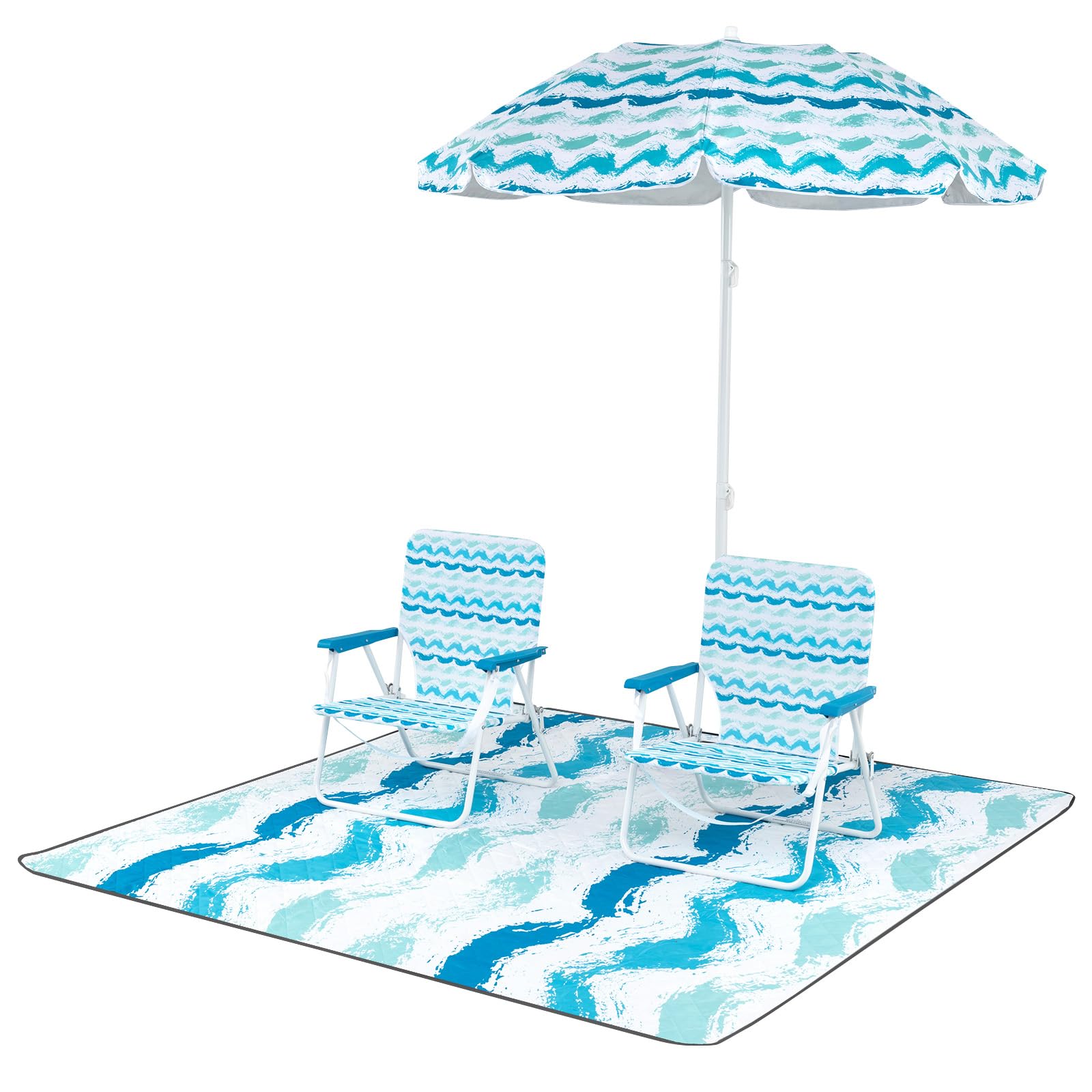 GOPLUS Conjunto de Playa de 4 Piezas, φ 190 Sombrilla con Inclinación Ajustable, 2 Sillas Plegable con Bolsa de Almacenamiento y 1 Manta, Bolsa de Transporte, Juego para Picnic, Camping (Azul)