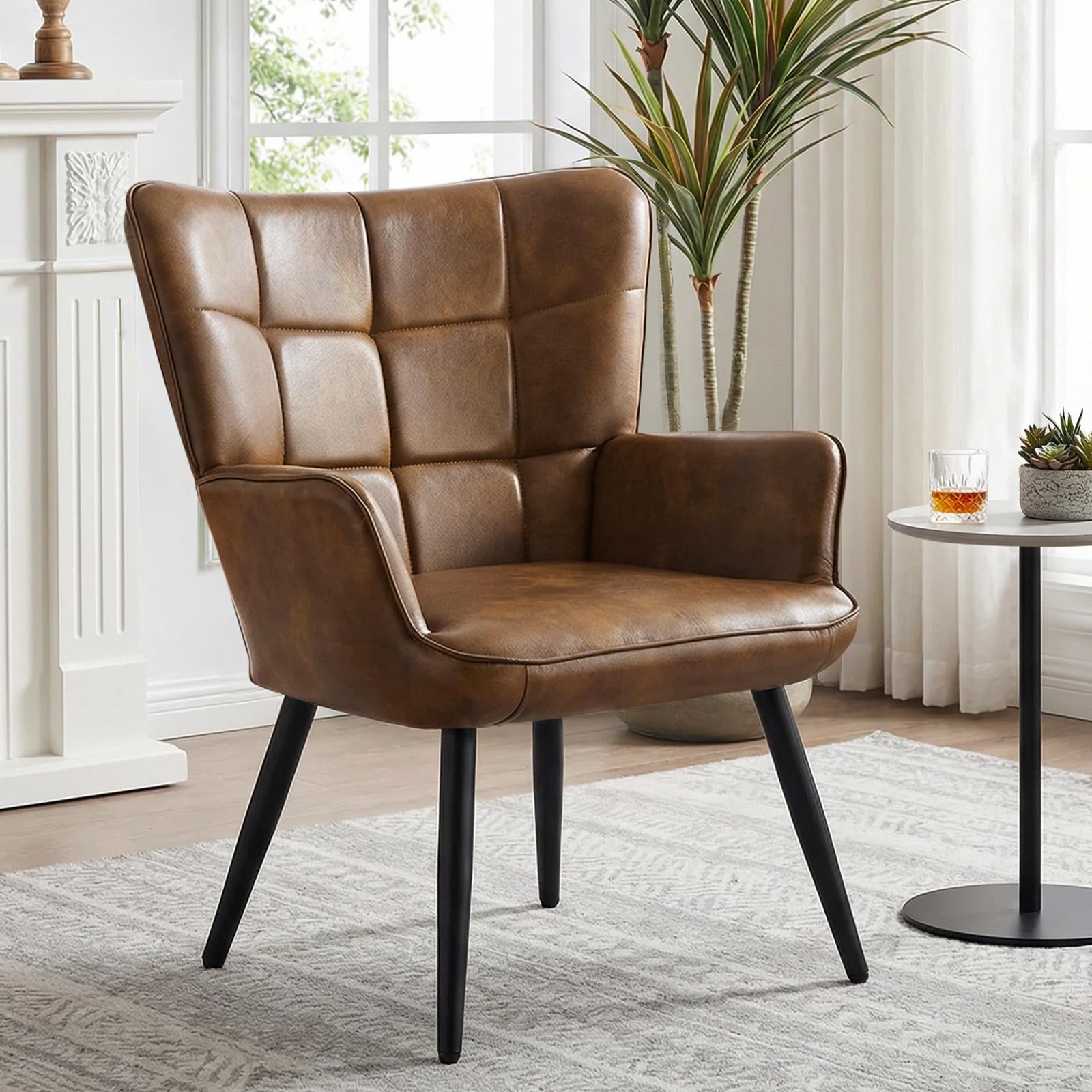 Fauteuil Salon Scandinave, Chaise Coiffeuse en Cuir PU, Chaises Salle à Manger Chaise Rembourrée avec Accoudoirs & Dossier Ergonomique pour Chambre Salle à Manger Bureau Allaitement, Brun