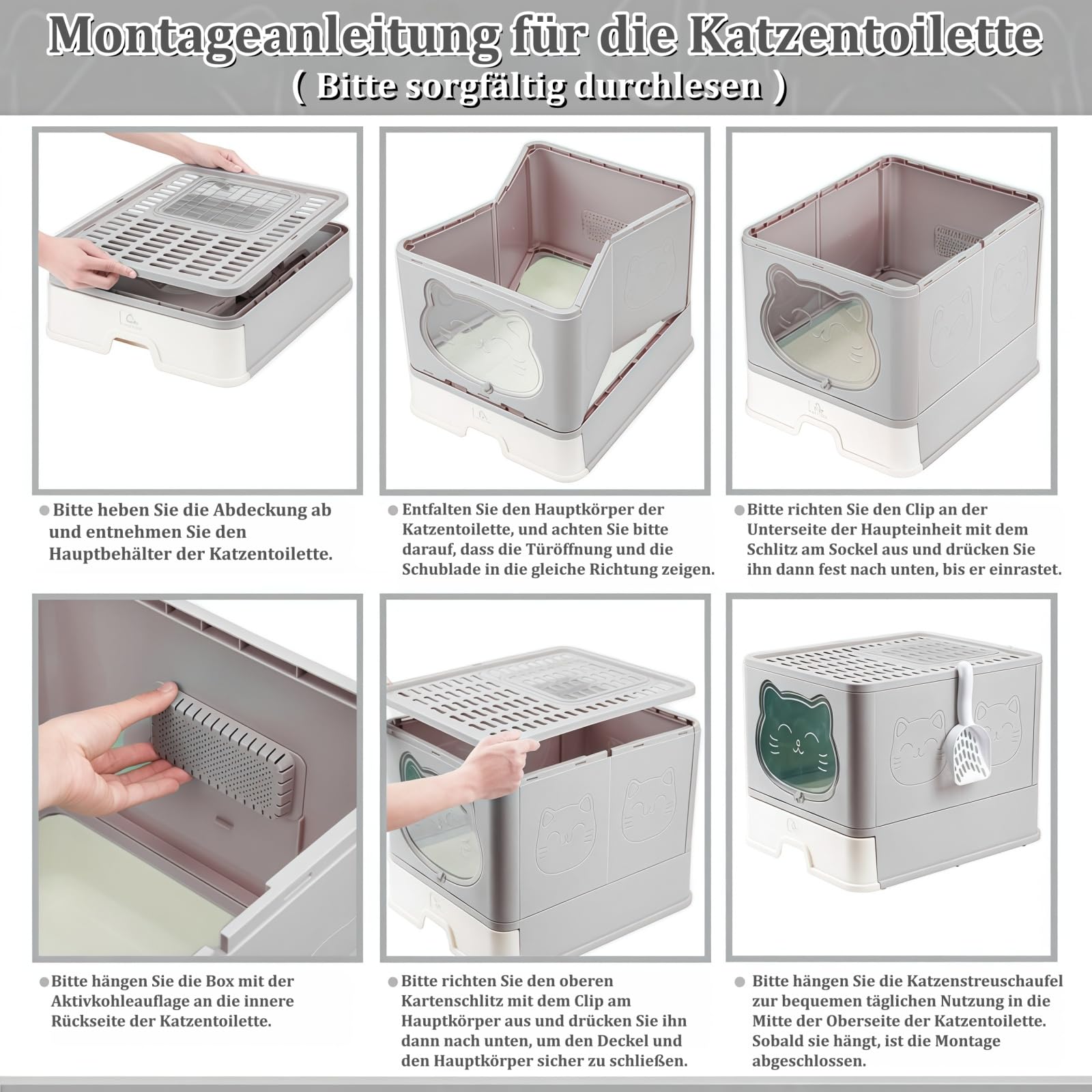 Vollständig Geschlossene Geruchsfreie Indoor-Katzentoilette mit Dach/Deckel,Katzenklo in Groß,Cat Litter Box Schubladensystem & Klappbar mit Praktischer Katzenstreuschaufel