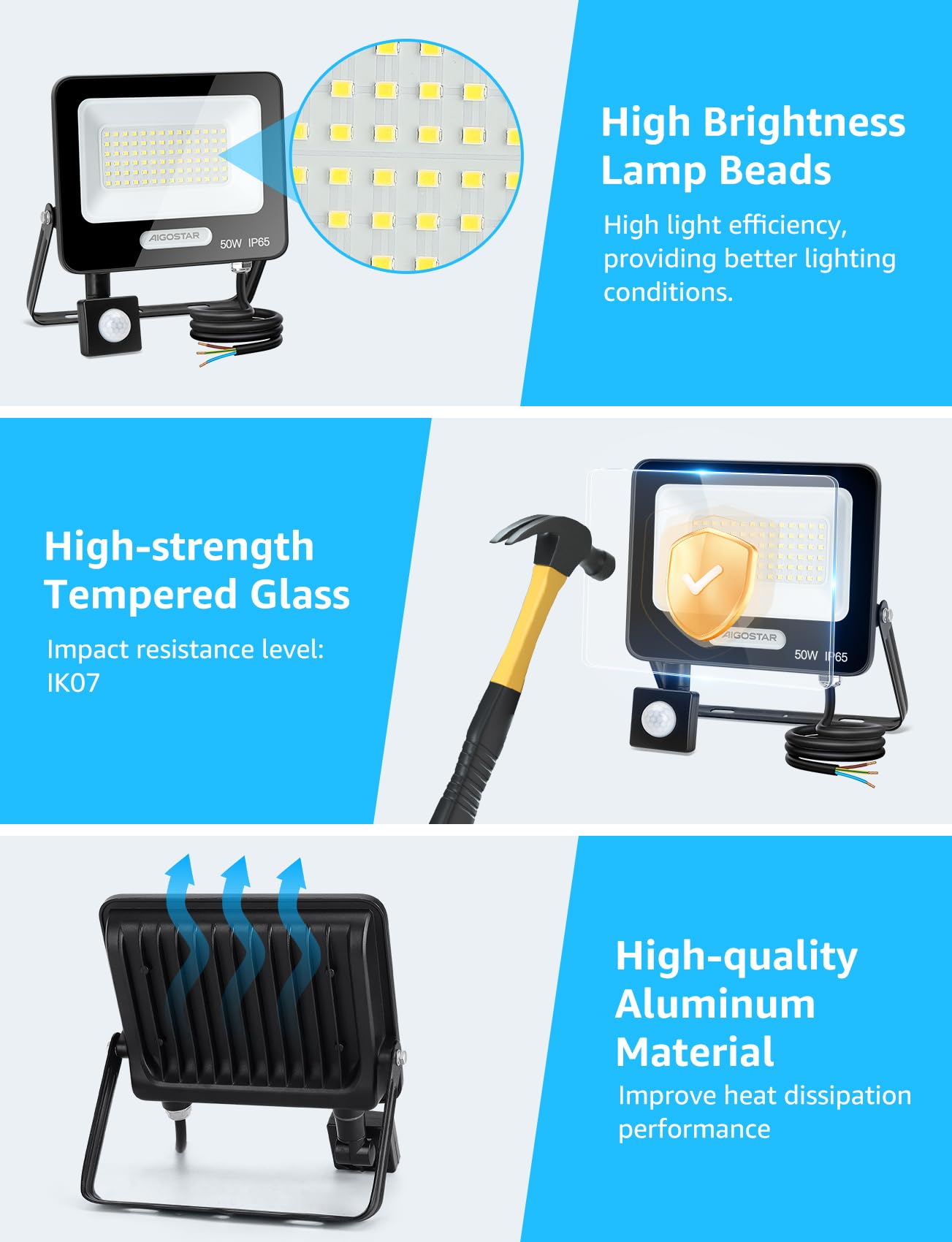 Aigostar- 50W Foco LED con Sensor Movimiento, Super Brillo Focos Exterior, 4600LM, Blanco Frío 6500K, IP65 Impermeable, Proyector LED Exterior, Perfectas para Jardín, Garaje, Patio, Paquete de 8