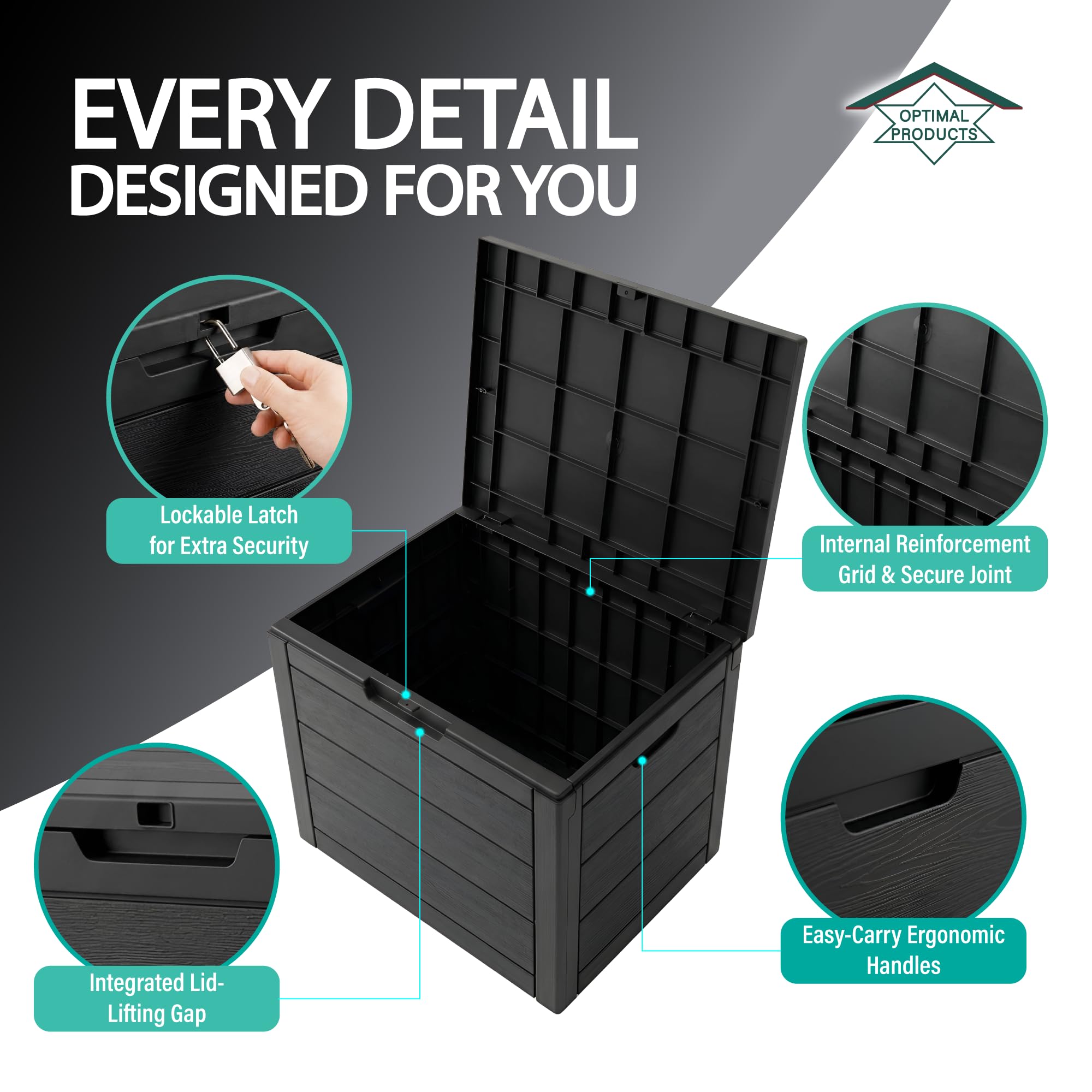 Outdoor Storage Box, 35 Gallon Deck Box, 132 Litre Waterproof Resin Storage Bin for Patio Cushions, Gardening Tools, Accessories, Lockable, UV Resistant Garden Chest Utility Handles Lid (Black) — view 3