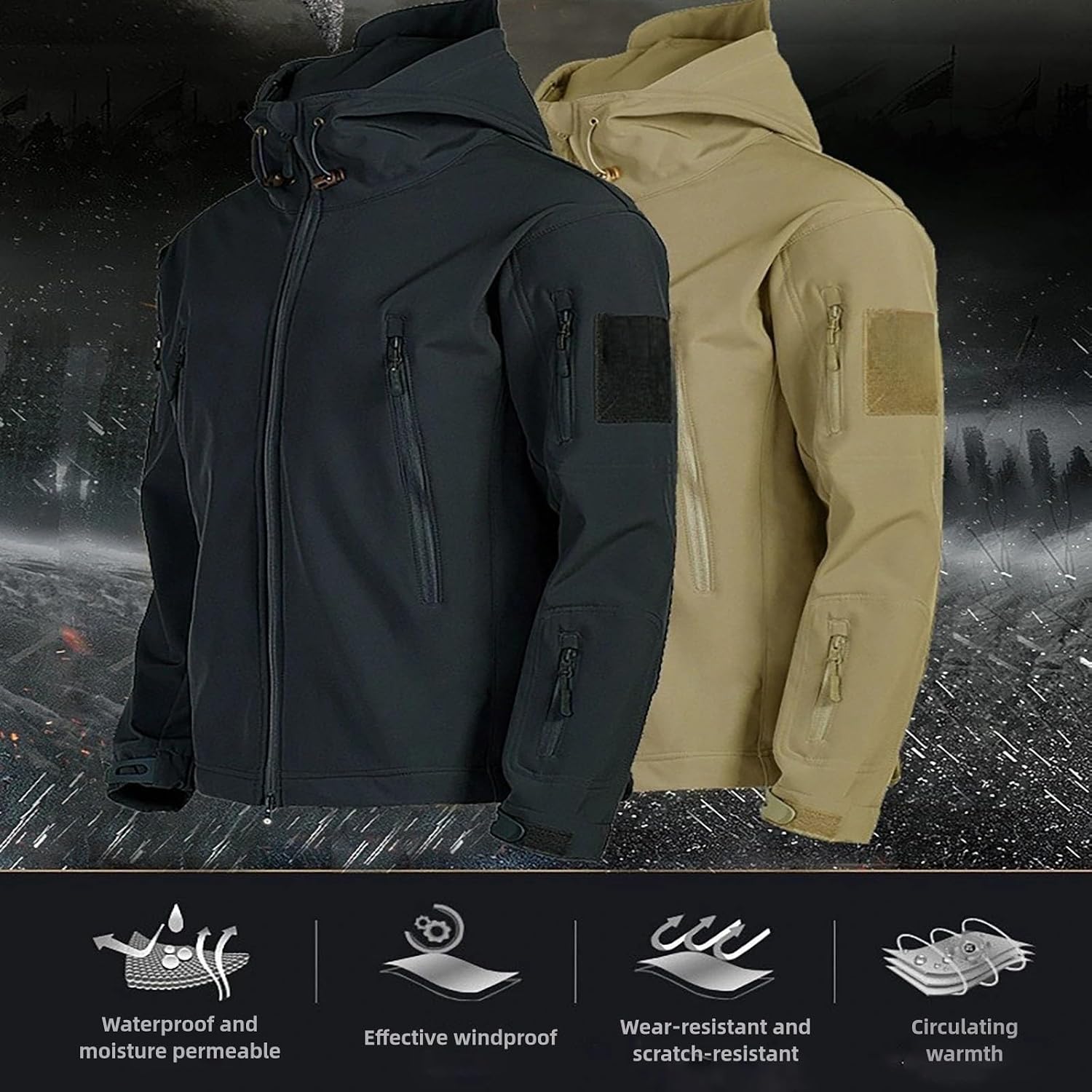 Outdoor Men's Hooded Waterproof Jacket Lightweight Hooded Raincoat 3 in 1 Windproof Fabric Velvet Lining for Hiking Golf Running Daily Casual(Camouflage,XXX-Large)