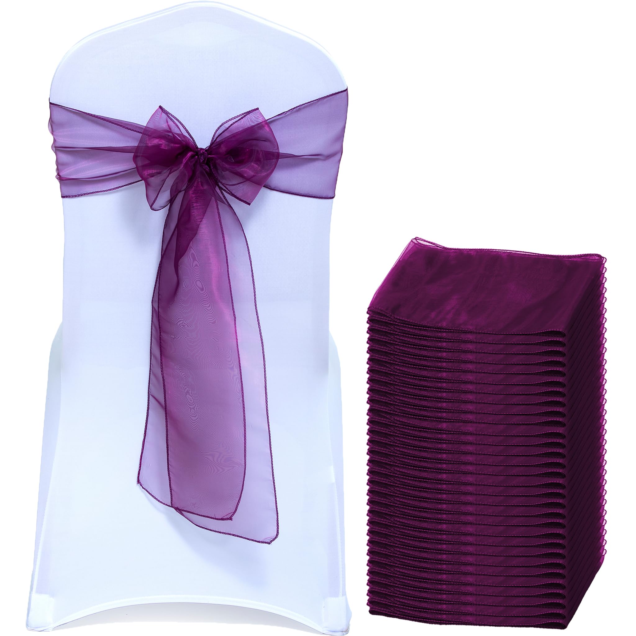 EDecor Pack of 150 Organza Chair Sashes for Wedding & Party Decorations – Reusable Sheer Chair Bows Tie Back for Banquet Chairs, Bridal Shower, Birthday, Reception Event Styling Décor - Wine