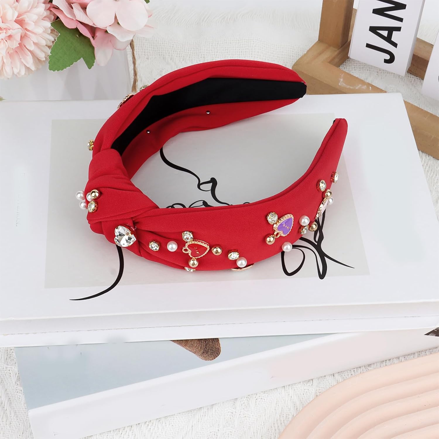 CURASA Valentine‘s Day Headband for Women Girls Love Heart Red Knotted Headband Pearl Crystal Rhinestone Jeweled Headpiece Wide Top Knot HairBand Fashion Heart Accessories Party Holiday Gifts - Image 7