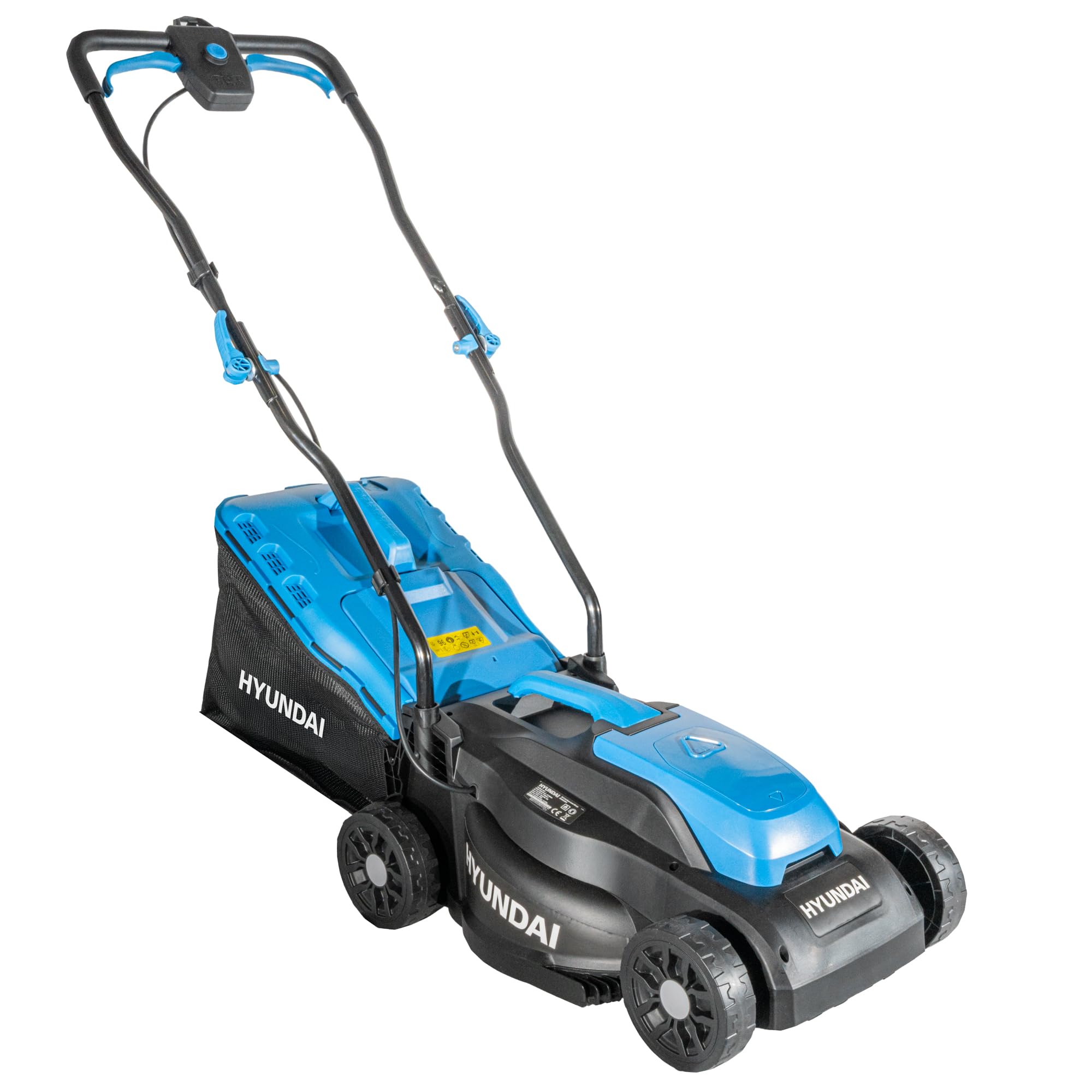 Hyundai Cortacésped inalámbrico sin escobillas de 33 cm, 20 V, batería de 4.0 Ah y Cargador, Bolsa de césped de 32 L, 5 Alturas de Corte de 25 a 65 mm, cortacésped Ligero