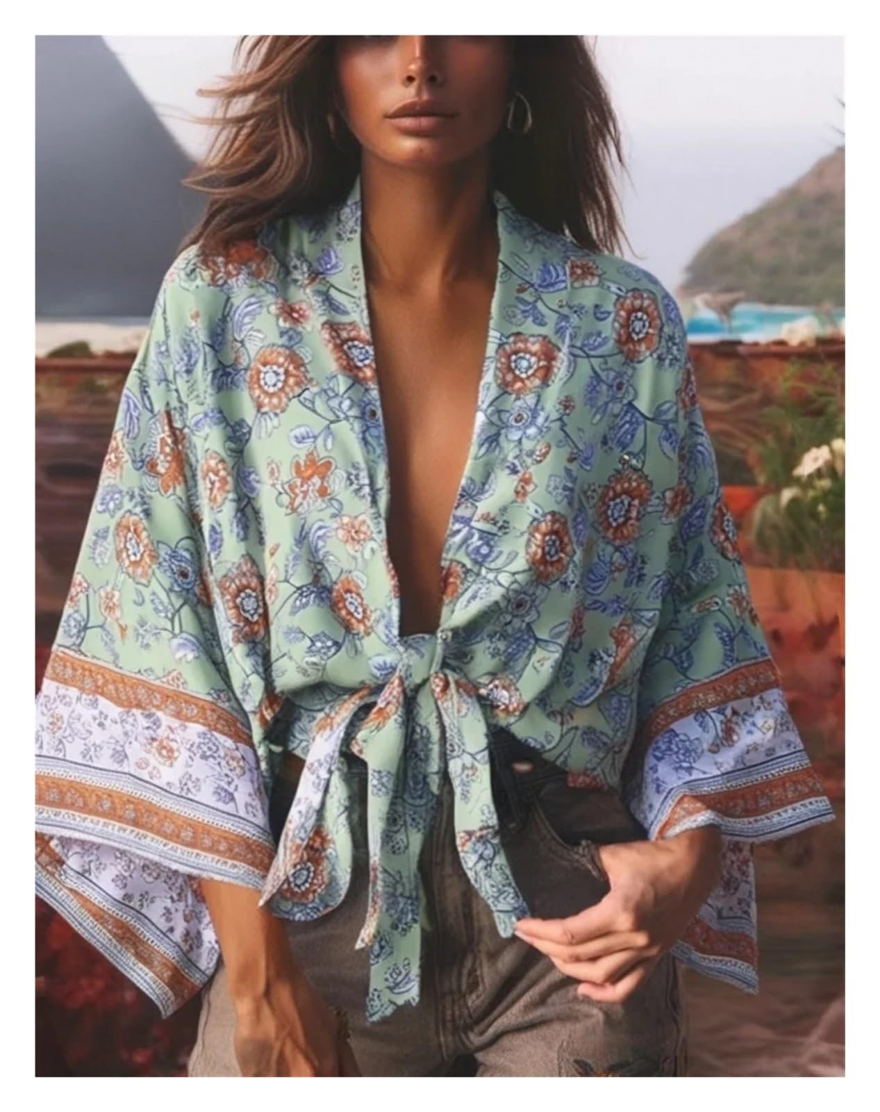Sexy Vestido De Baño Cubrir Ropa Kimono corto con estampado floral y fajas for mujer, pareo de bikini for playa