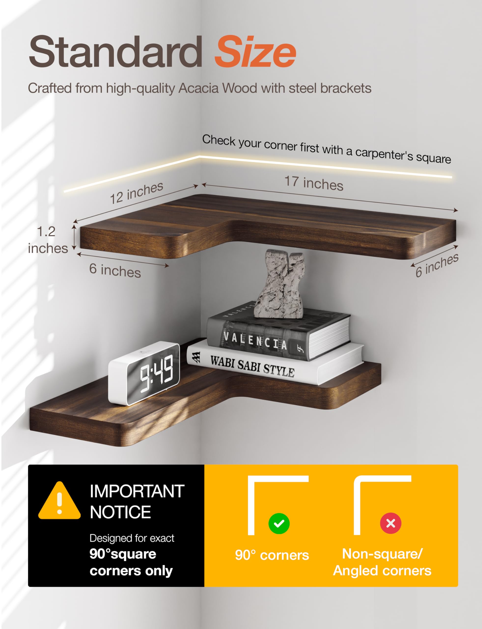 BATODA Estante flotante de esquina de madera de acacia de 17 x 12 pulgadas, estante esquinero montado en la pared, estantes flotantes para libros para pared, estante de esquina para el hogar, cocina