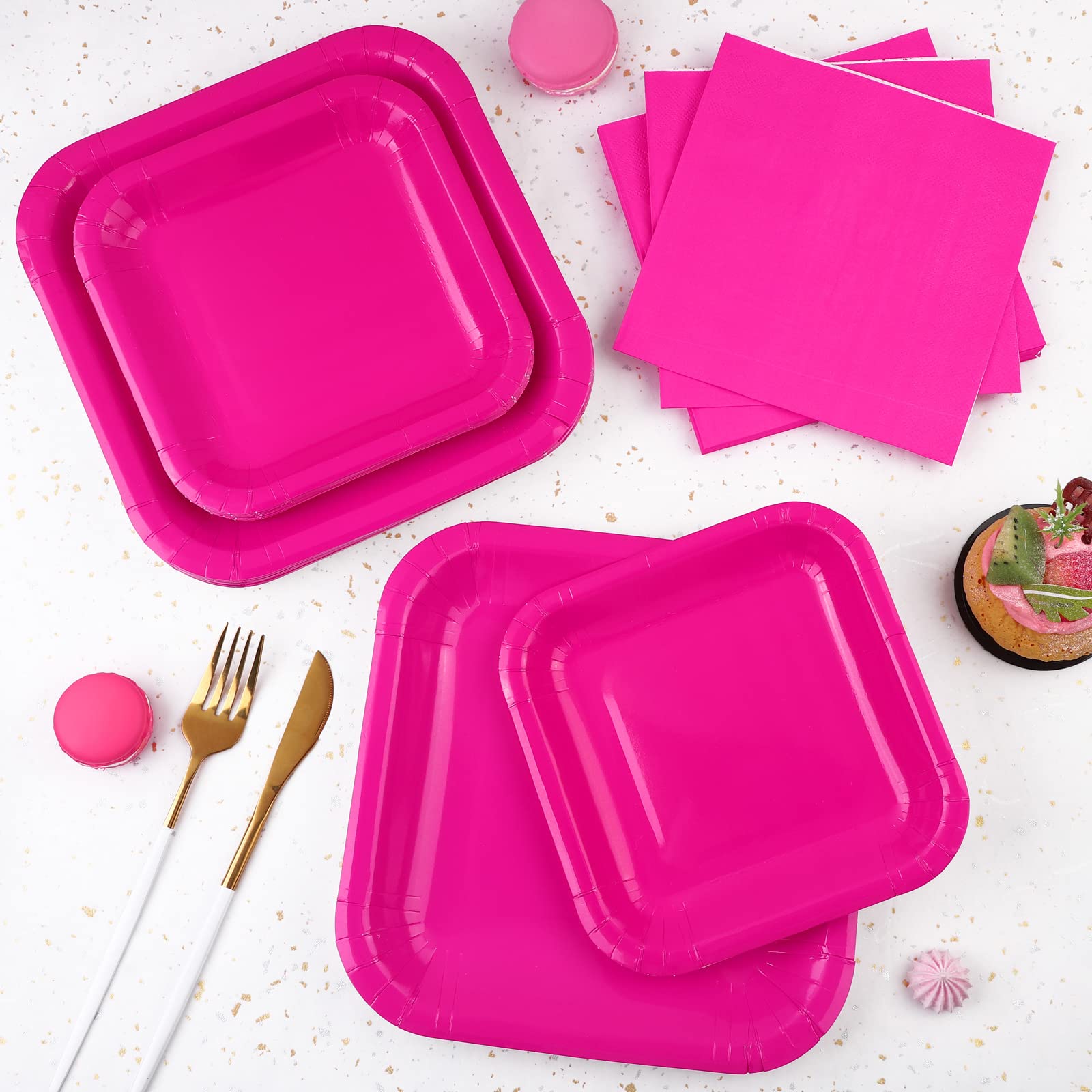 ADXCO ホットピンク パーティー用品 使い捨て食器セット プラスチックプレート カップ ナイフ フォーク スプーン ペーパーナプ Amazon.co.jp: ADXCO ホットピンクパーティー用品48点セット 使い捨てホットピンクプレート スクエアペーパーパーティープレートとナプキン  パーティー用品 誕生日パーティー レセプションの装飾用 : ホーム＆キッチン